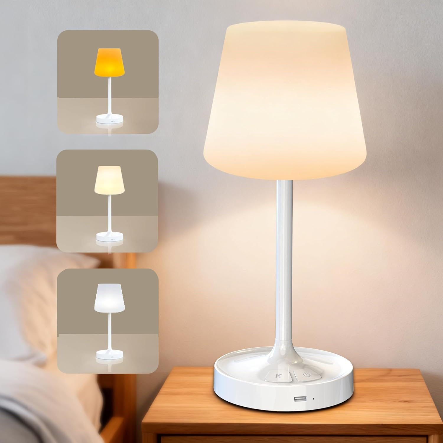 Waterproof Lampshade Portable Shower Lamp with 3 Colors&5 Brightness,Rechargeable Mechanical Button Dimmable Bedside Table Lamp,Cordless Table Lamp Suitable for Bedroom,Kitchen,Camping,Outdoor(White) image number 6