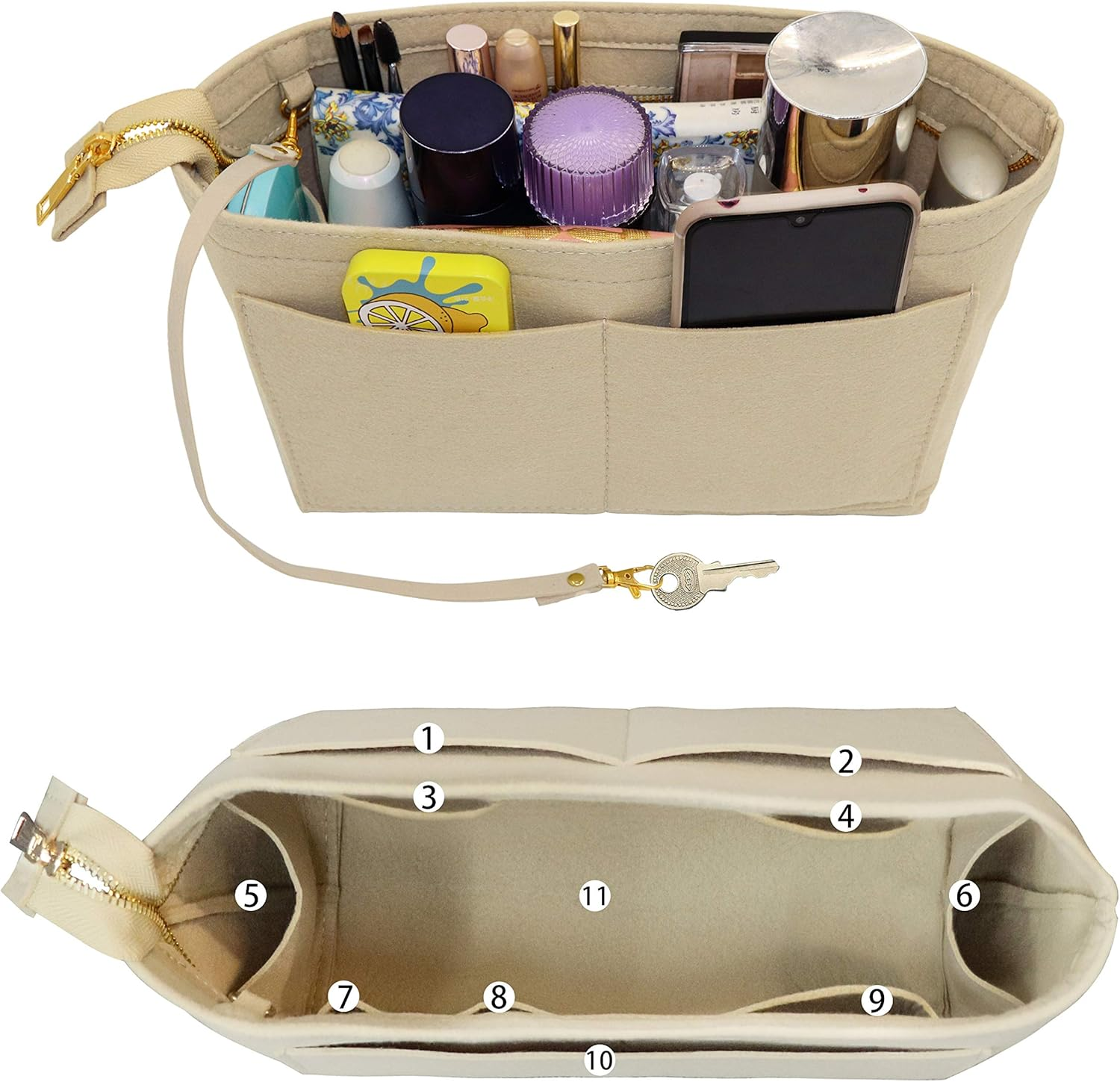 Fovasen Felt Handbag Organiser Insert, Bag Organiser Insert with Handles Keychain, Pocket Purse Cosmetic Storage Bag for Women,Beige-Meidium image number 4