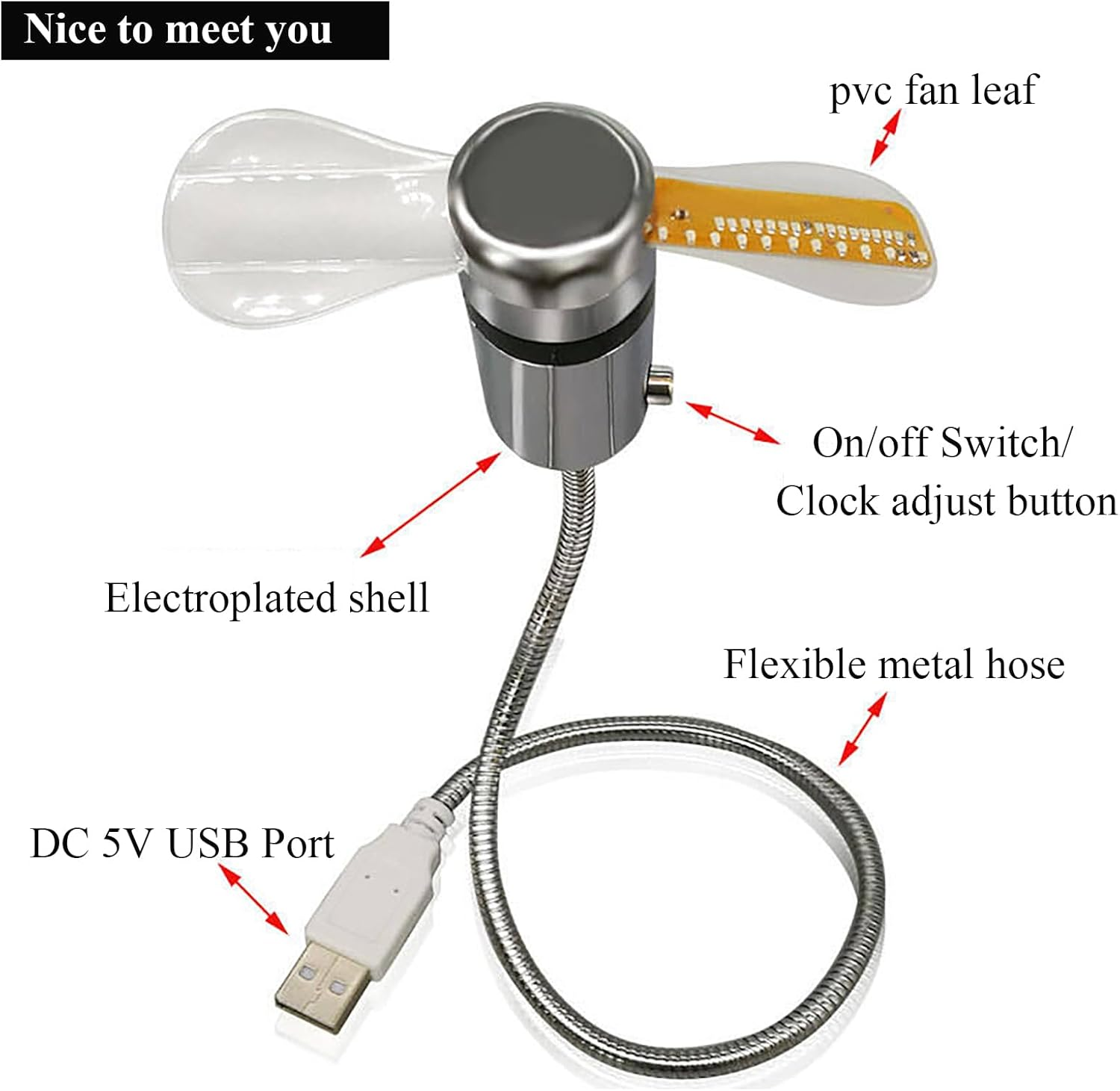 Soseelnee USB Clock Fan with Real Time Display, Mini Portable Flexible Cooling Fans with Led Light for Home Office (2) image number 5