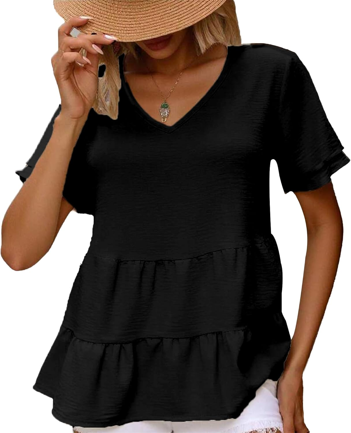 Women'S Solid V-Neck Ruffle Hem Blouse Peplum Top