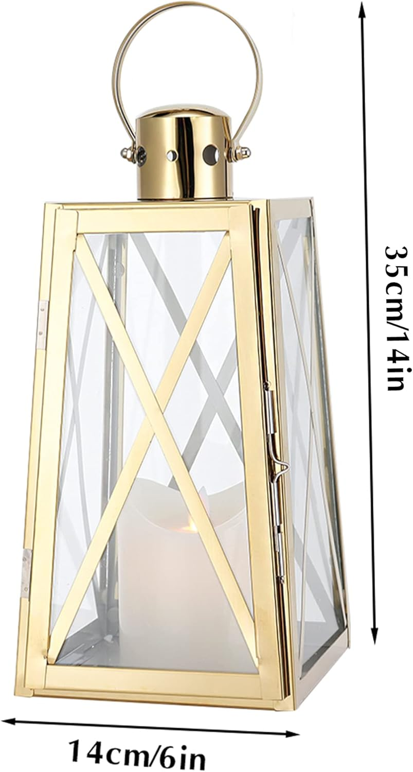 TRIROCKS Stainless Steel Decorative Lantern 12''H Metal Outdoor Candle Holder Hanging Candle Lantern with Tempered Glass for Christmas Home Wedding Living Room Parties Indoor Outdoor(Gold Trapezoid) image number 4