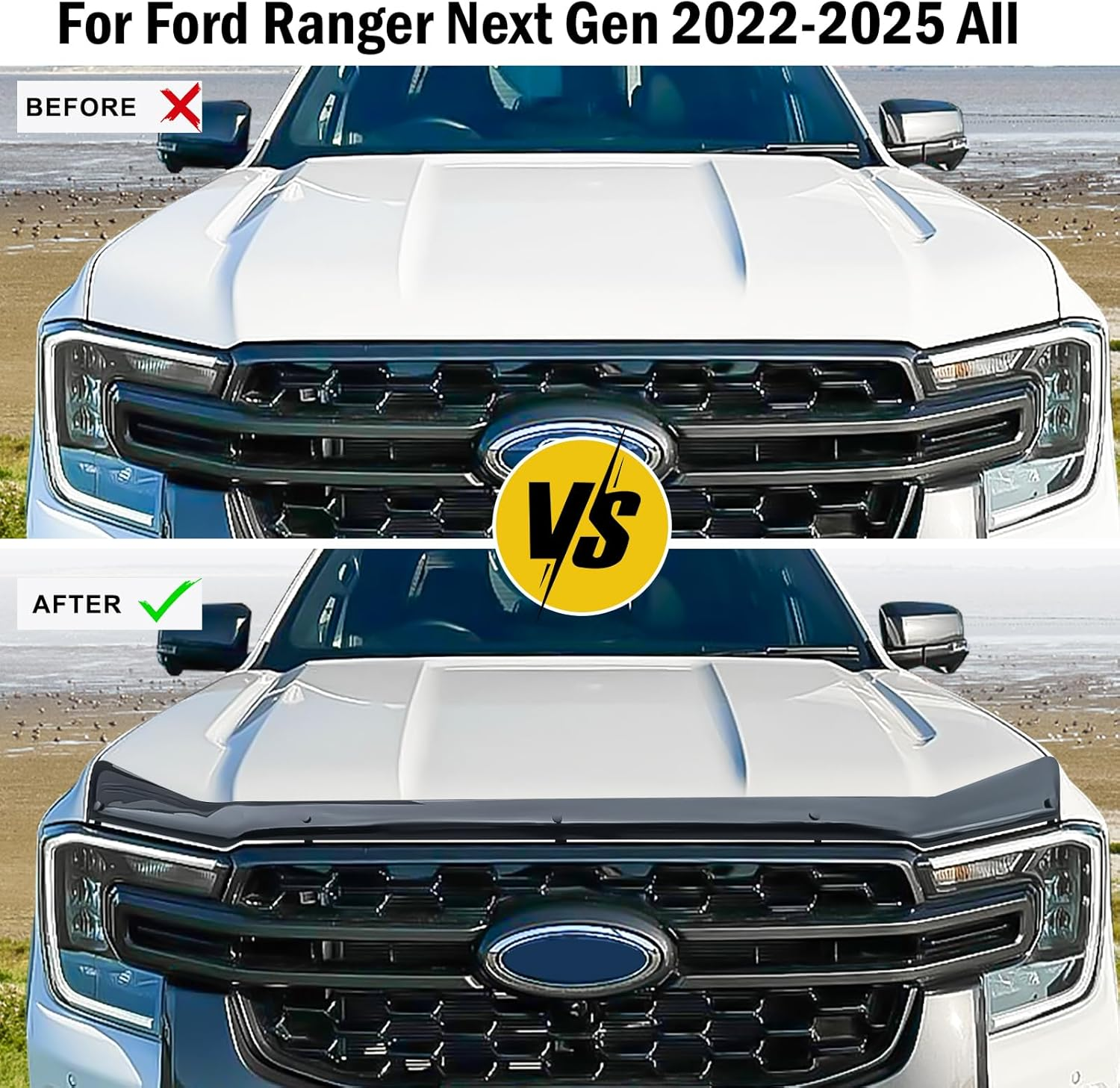 SUERAUTO4X4 Bonnet Protector Weather Shields for Ford Ranger Next Gen 2022-2025 Accessories,Tinted Black Bonnet Stone Guard Weathershields Window Visors Wind Deflectors Injection, 5Pcs/Set image number 1