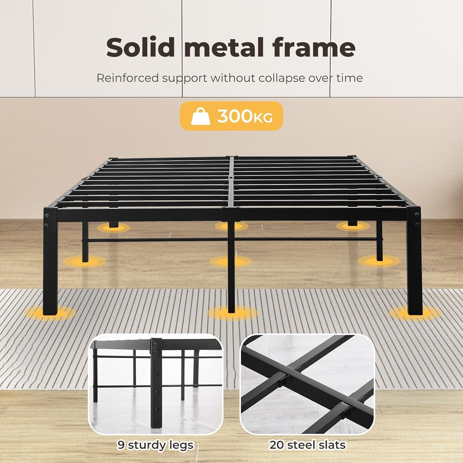 Levede 40Cm Queen Bed Frame Metal Bed Base,Industrial Bed Frame,Steel Slat Mattress Support,Under Bed Storage,Reserved Holes for Headboard,Bedroom Furniture,Easy Assemble,Black ﻿