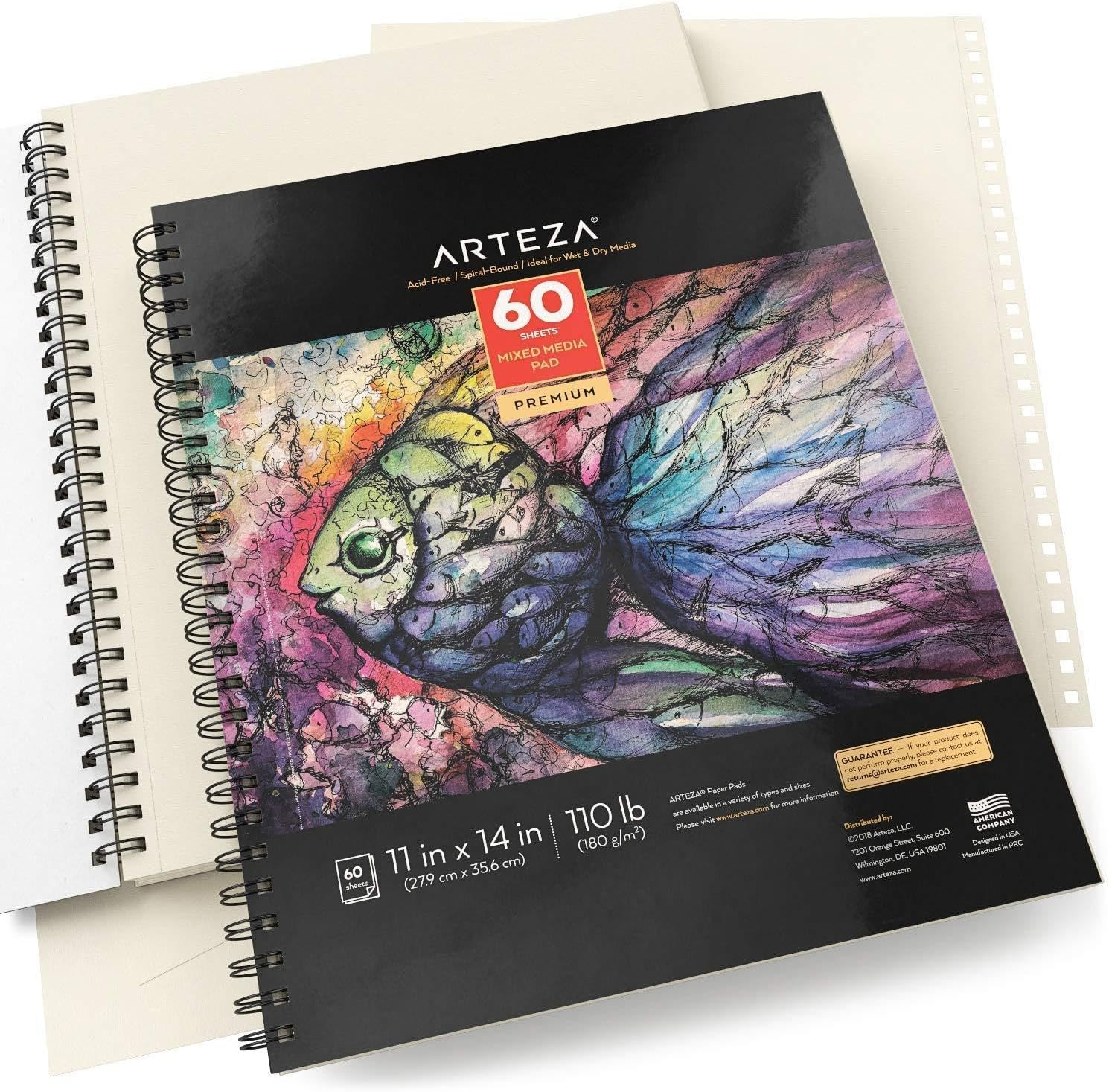 ARTEZA 11X14 Mixed Media Sketch Book, 2 Pack, 110Lb/180Gsm, 120 Sheets (Acid-Free, Micro-Perforated), Spiral-Bound Pad, Ideal for Wet and Dry Media, Sketching, Drawing, and Painting image number 3