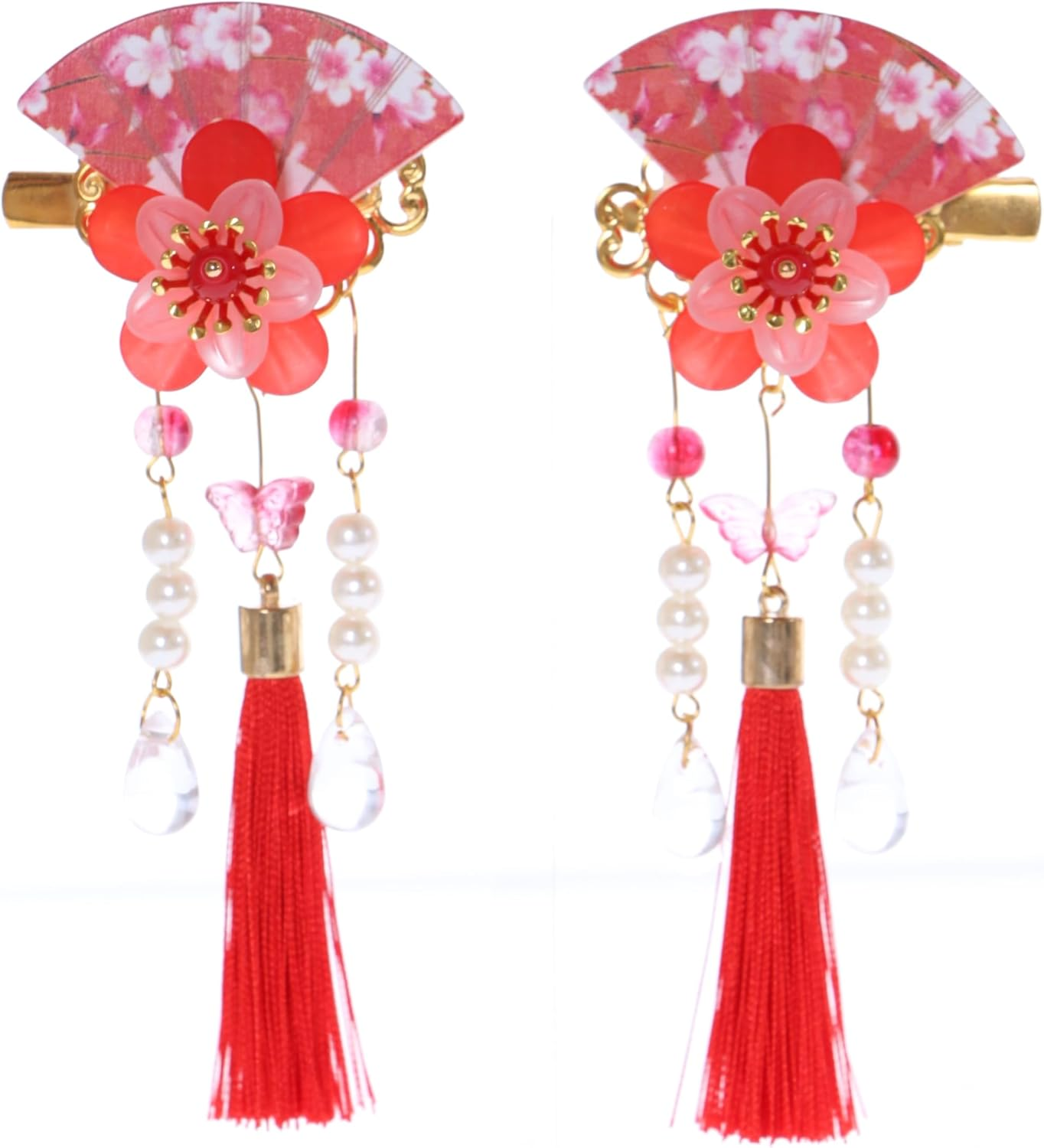 C-118-2 Red Fan Shape Sakura Cherry Blossom Tassels Hair Clip Hair Clip Hair Clip Japanese Geisha Kimono China Hanfu Accessory image number 4