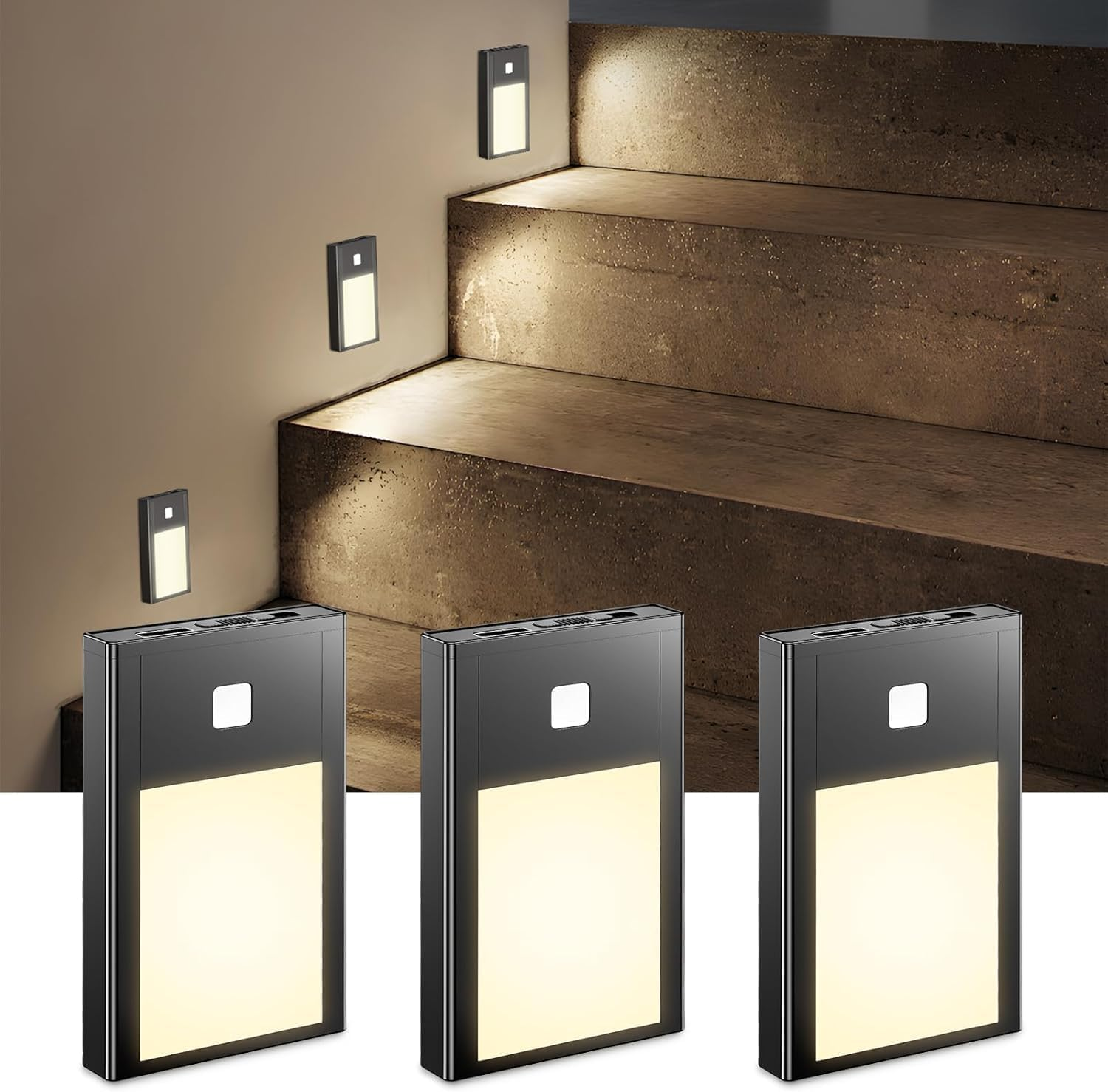 Motion Sensor Night Light Indoor, Rechargeable Magnetic Stick-On Sensor Lights with Auto/On/Off, Battery Powered for Wardrobe, Hallway, Stairs, Bedroom, Kids Room (3 Pack)