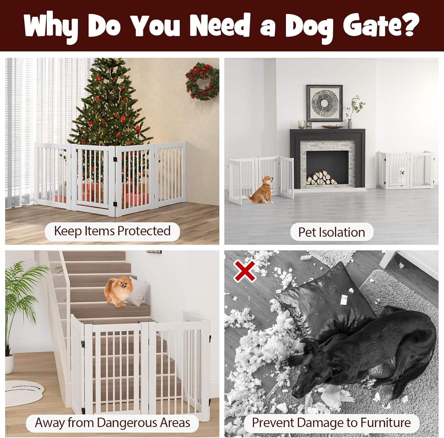 Giantex Dog Gate with Door - 30''H &times; 80''W Wooden Pet Gate with Walk through Door, Foldable Freestanding 4 Panels Pet Safety Fence Extra Wide for Doorway Stairs House Deck Yard, White