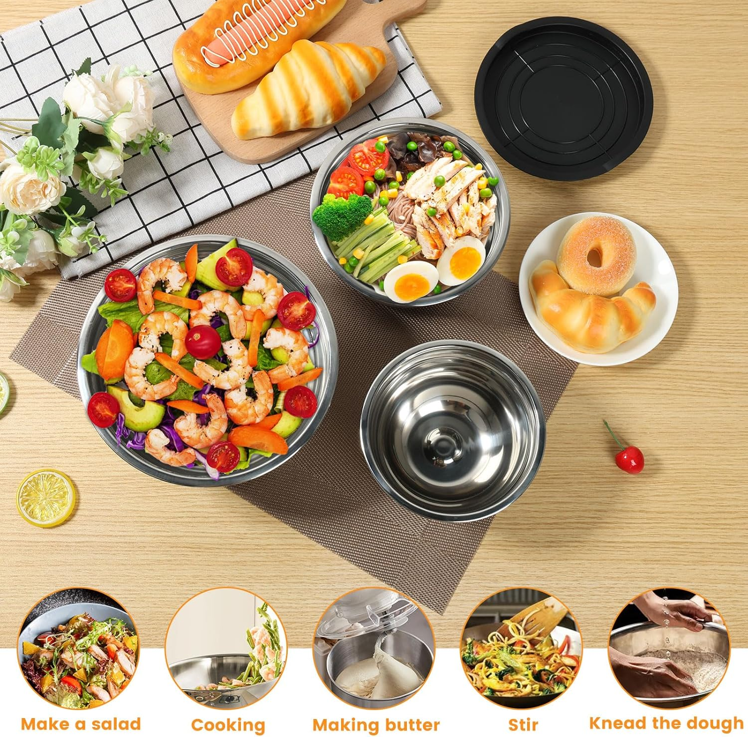 5 Pcs Mixing Bowls with Lids Stainless Steel Nesting Bowls Set with Non-Slip Silicone Bottoms Kitchen Metal Bowls for Mixing Baking Prepping Cooking Serving 4.5QT Large to 0.7QT Small image number 3