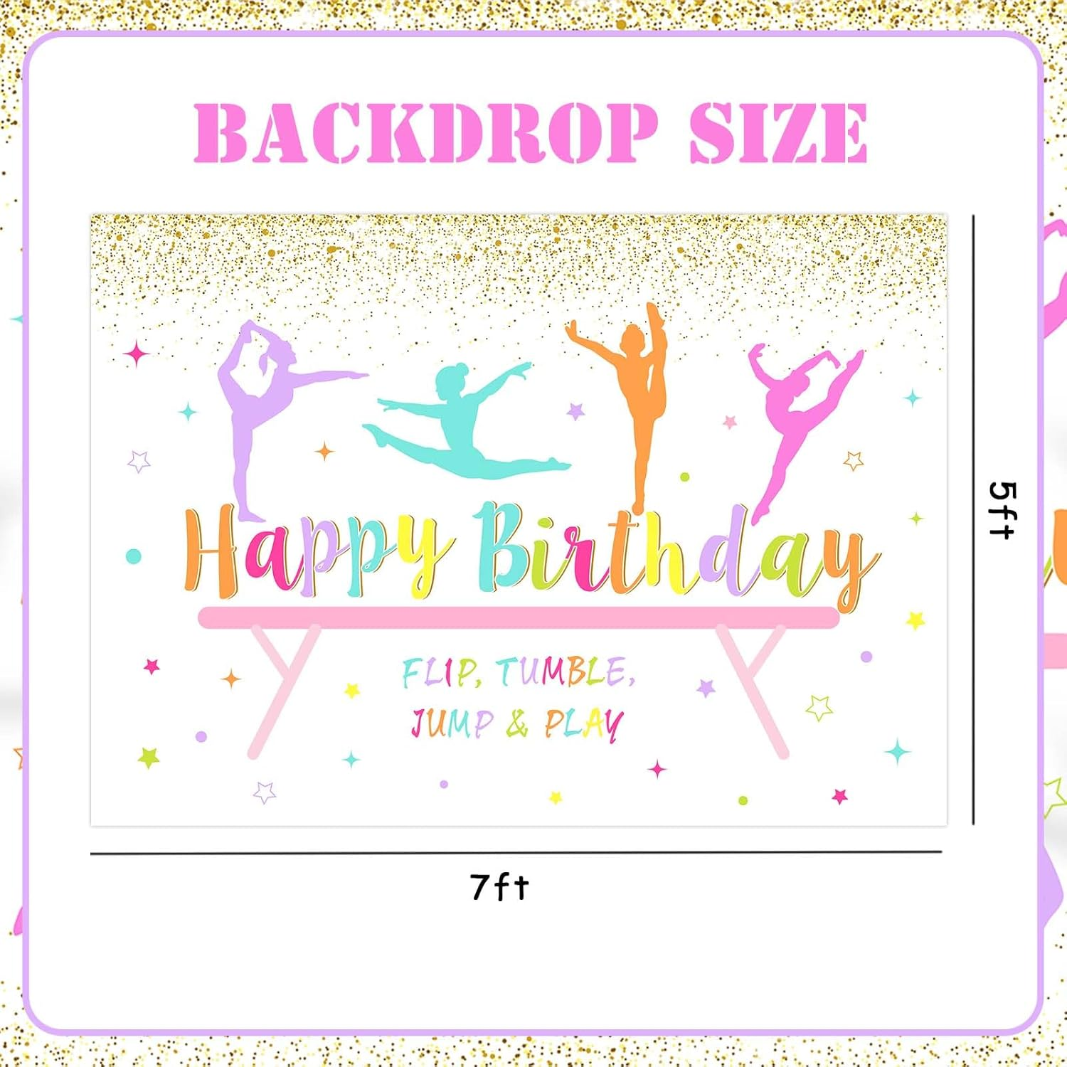Wonmelody Gymnastics Birthday Party Decorations 7 * 5Ft Gymnastics Happy Birthday Backdrop for Girl Flip Tumble Jump and Play Backdrop Decorations for Rainbow Gym Theme 1St 2Nd 8Th Birthday Party