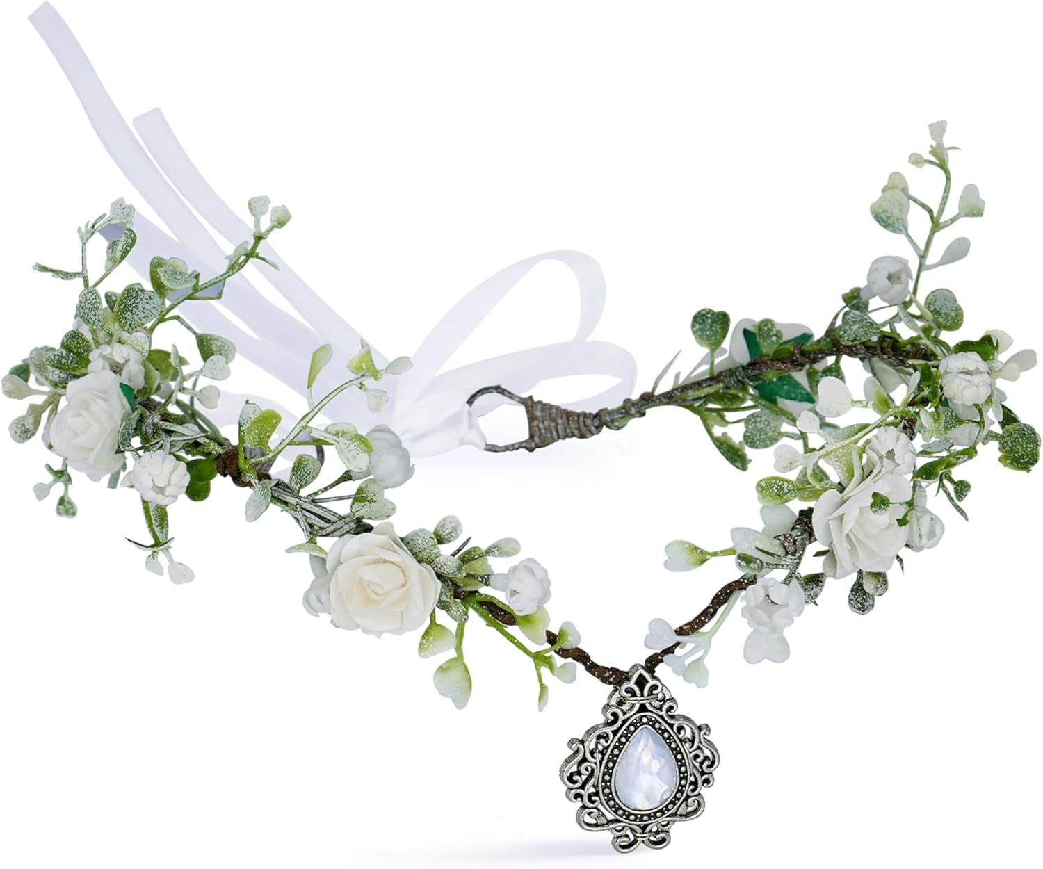 MOSTORY Elf Flower Fairy Crown - White Flowers Fairy Crown with Rhinestones for Women Cosplay Renfaire Accessories image number 3