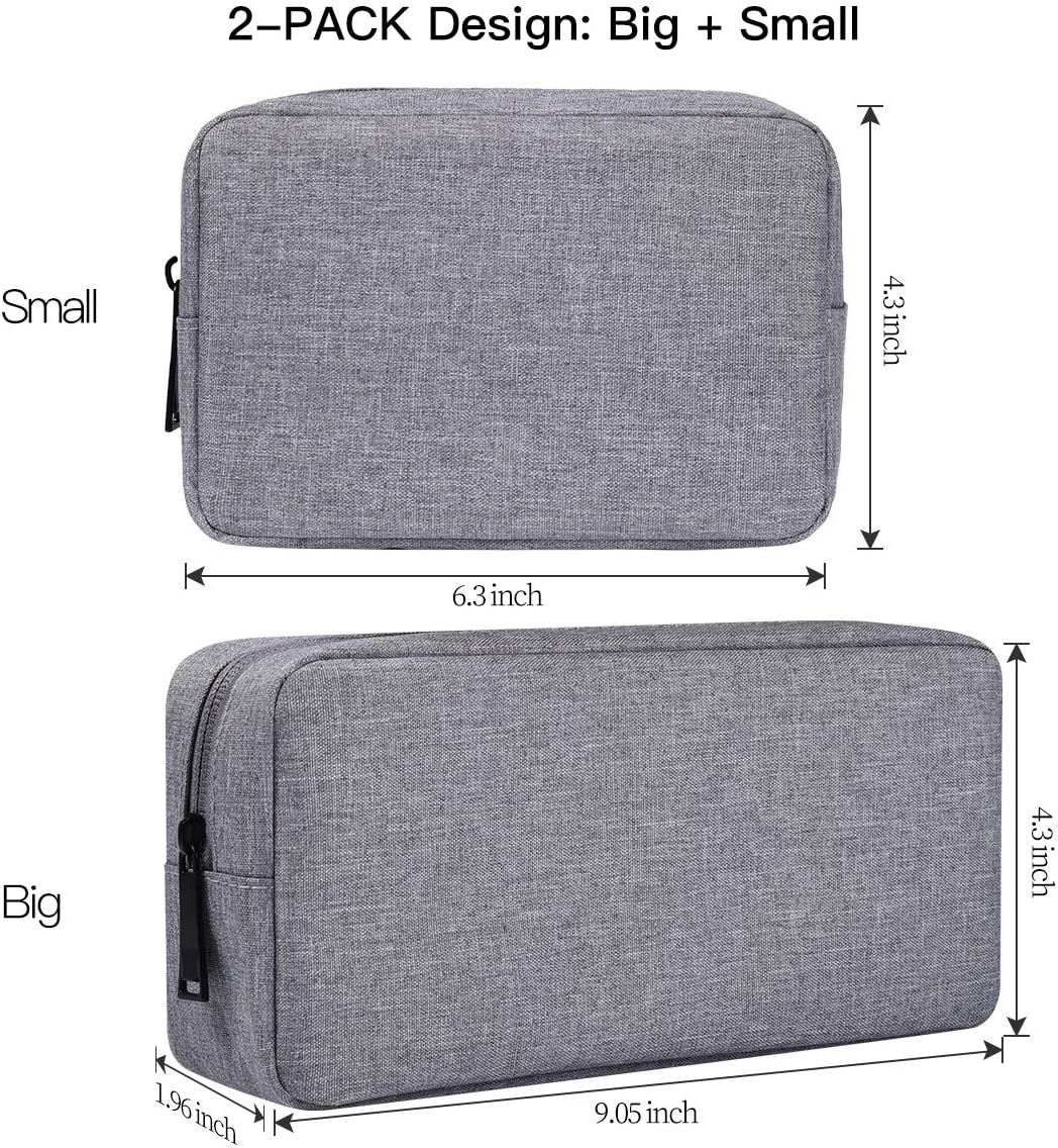 Portable Electronics Accessories Storage Bag, 2PCS Big + Small Carrying Case Travel Cable Organizer Cosmetic Bag Pouch Compatible Hard Drive, Power Bank, Mouse, Laptop Charger, Cellphone, Gray image number 6