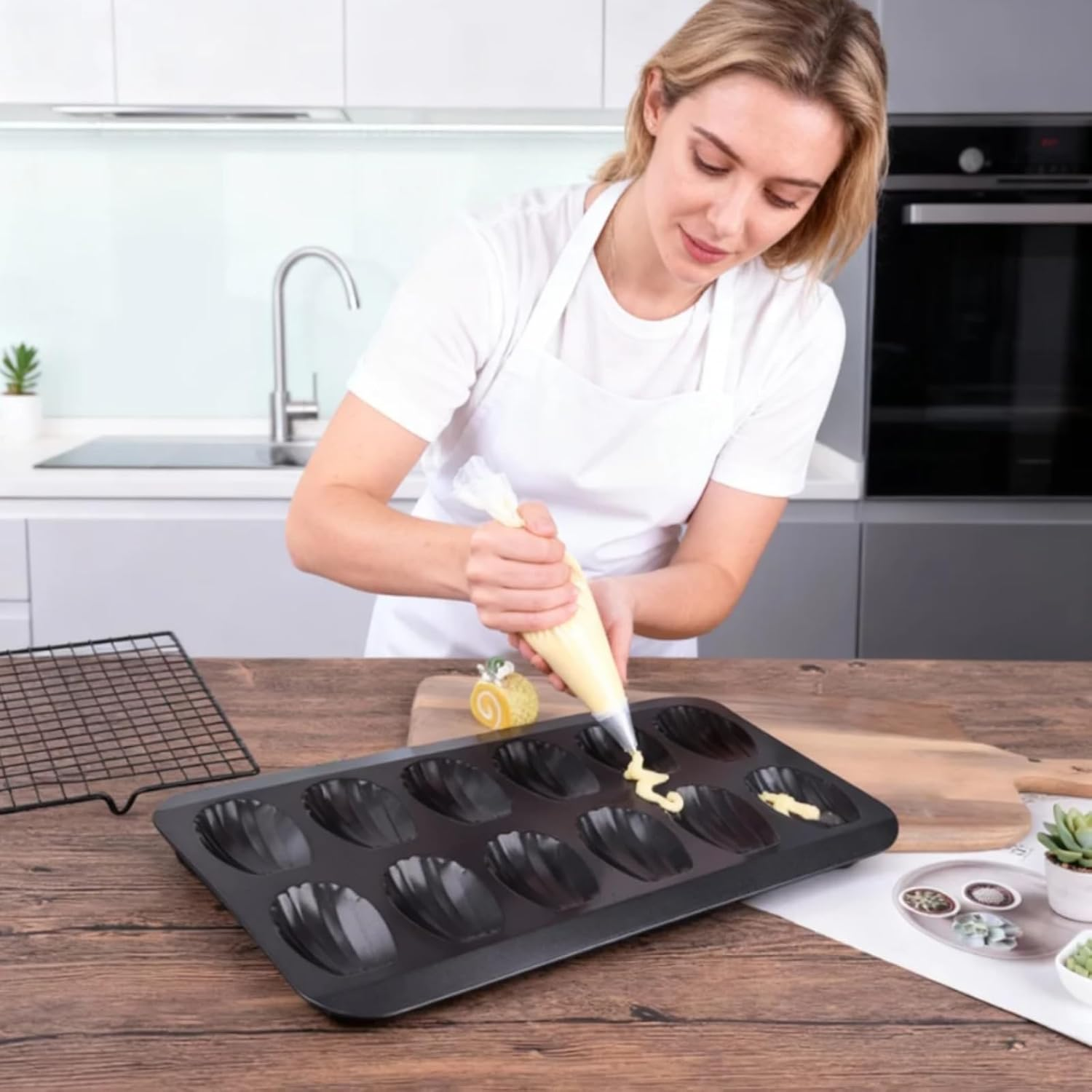 Kalione Nonstick Madeleine Pan 2 Pack 12-Cavity Heavy Duty Cookies Trays for Oven Baking, Warp Resistant Shell Shape Madeleine Mold Cake Pan, Black image number 1