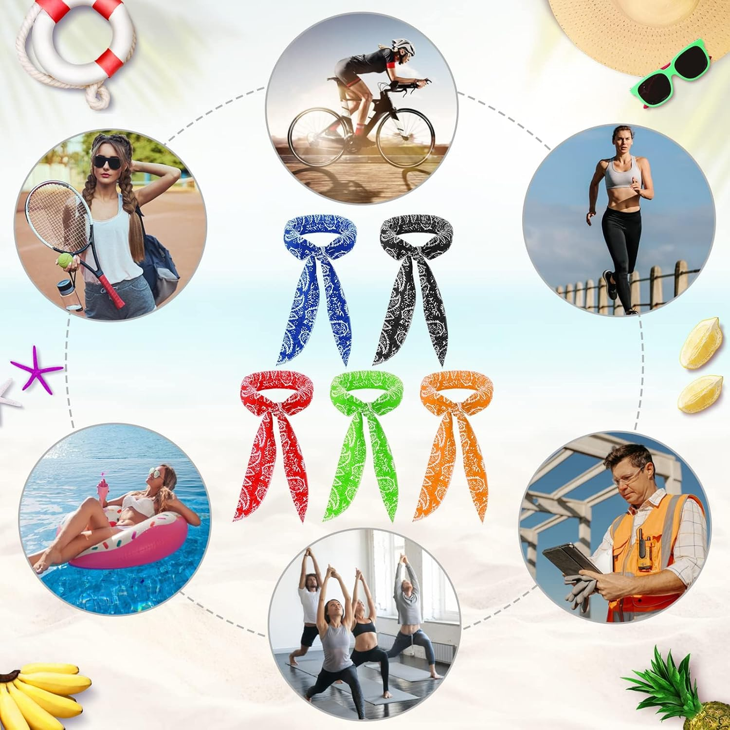 5 Pieces Cooling Neck Wraps, Ice Cooling Scarf Water Soaking Wraps for Neck Bandana Wrap Headband for Women Men, Headband for Hiking Camping Outdoor Hot Summer Indoor Outdoor image number 4