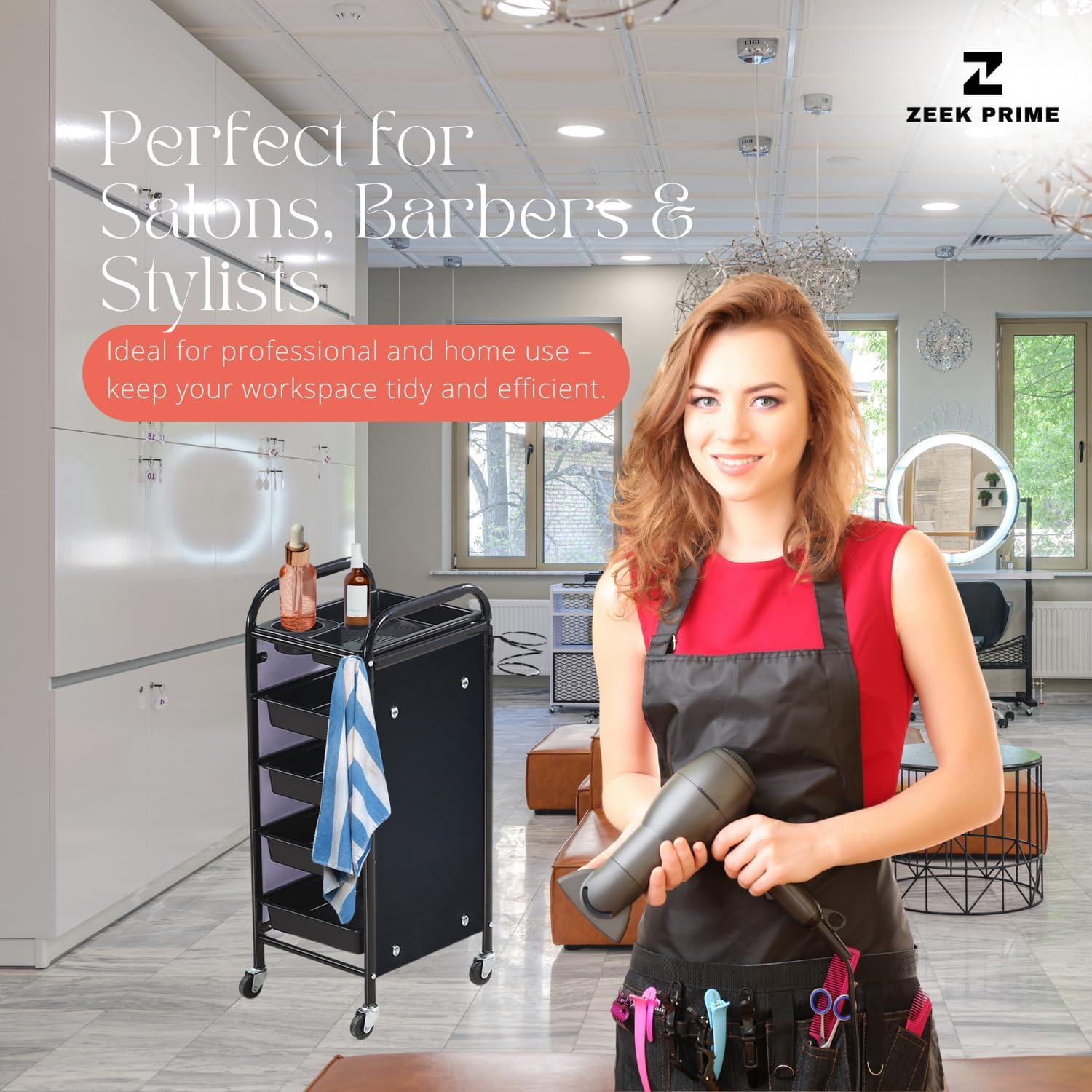 ZEEK PRIME - Hairdressing Trolley with 5 Layers &ndash; Rolling Salon Cart Organizer with Metal Frame, Lockable Wheels & Deep Storage Trays | Black Mobile Beauty Station for Hair Stylists, Barbers. image number 4