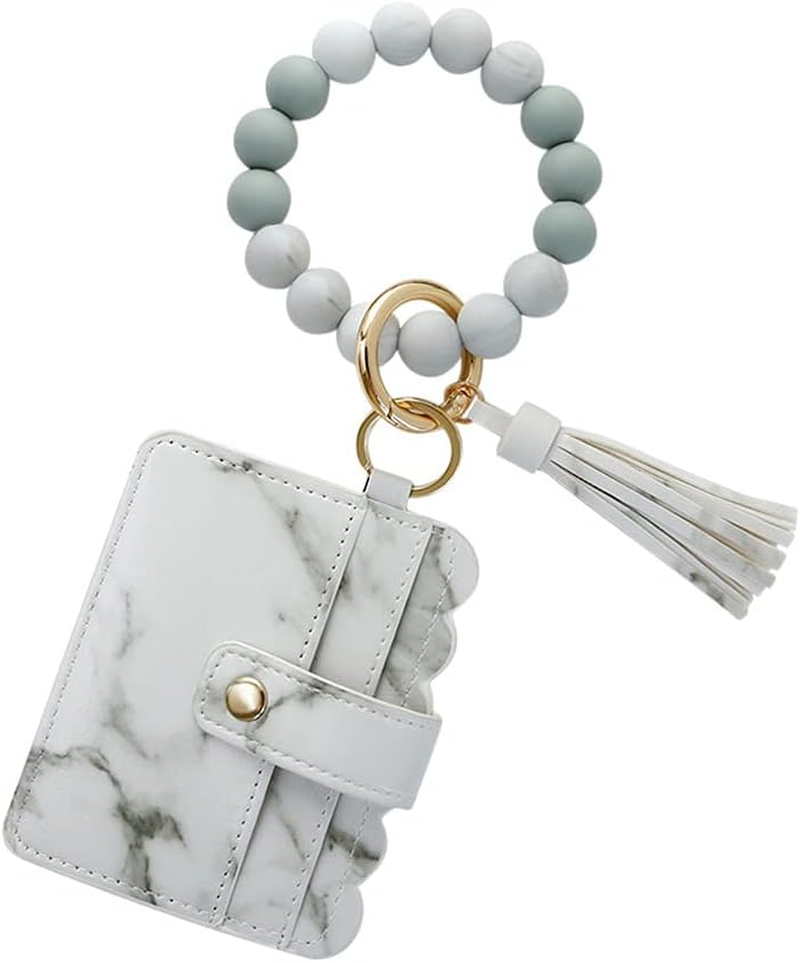 Silicone Beaded Bracelet Leather Keychain Wallet ID Card Holder Keyring Wristlet Bracelet Key Ring Chain Tassel Purse Women Girls Marbling image number 2