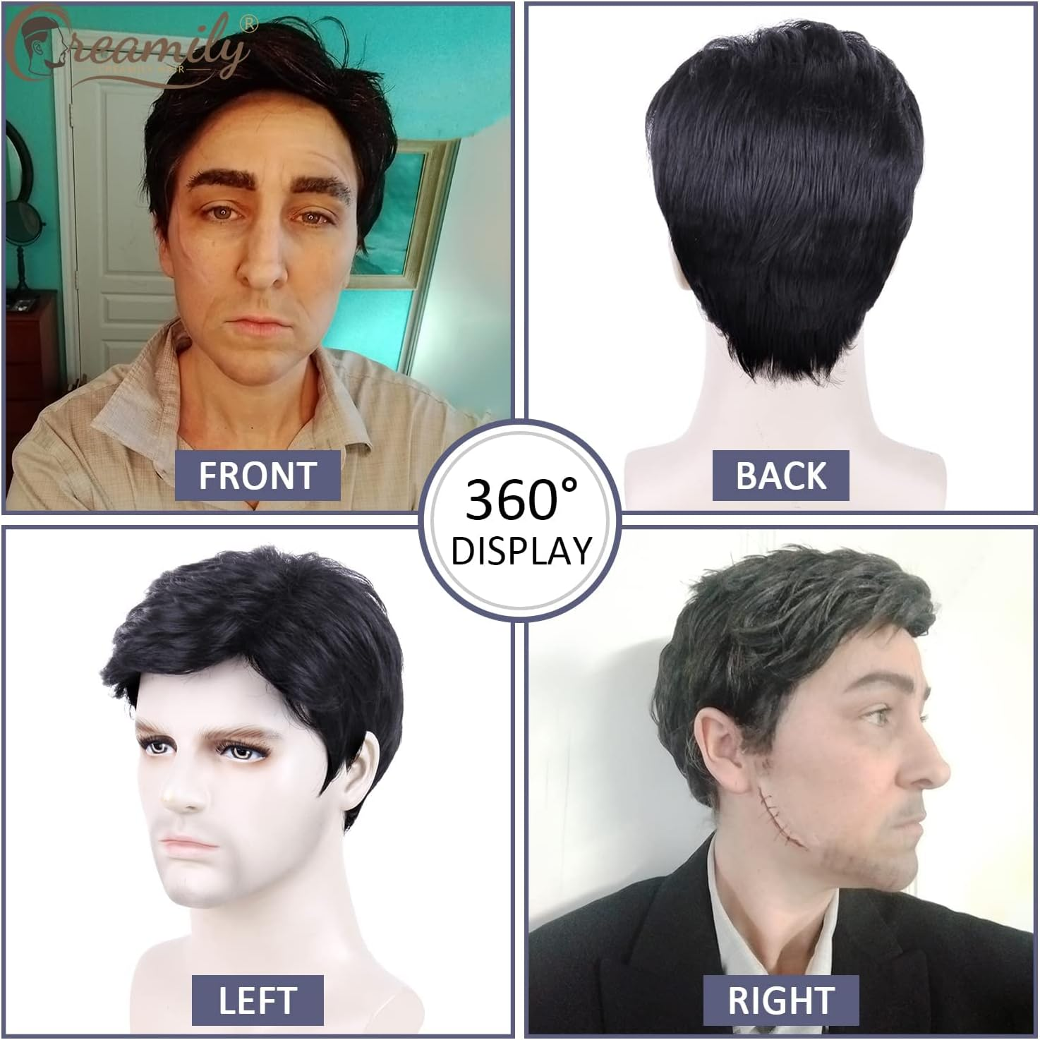 Creamily Men'S Black Short Wavy Synthetic Hair Wig for Men Costumes Cosplay Party Daily Wear Halloween Men'S Wig