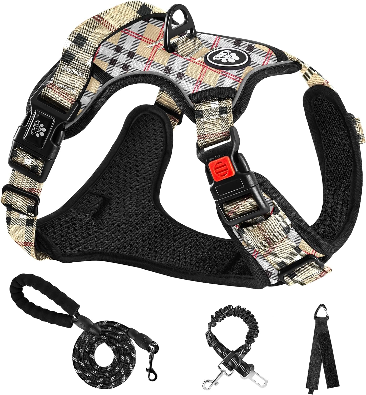 NESTROAD Pink Plaid Dog Vest Harness, No Pull Adjustable Harness and Lead Set for Large Dogs, Size XL of Neck 17~25" Chest 21~35", anti Pull Escape Proof Dog Lifting Harness with Seat Belt for Car