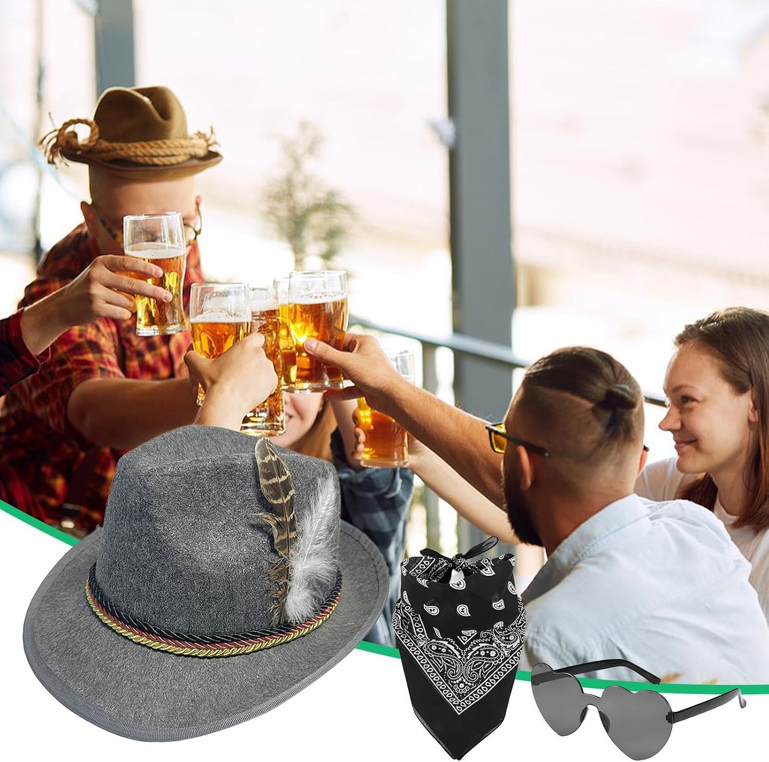 Alpine Hat - 1Set Fedora Oktoberfest Hat with Headscarf, Eyeglasses,Non-Woven German Hunter Hat, Adult German Alpine Bavarian Hat for Adults Cosplay - Green image number 7