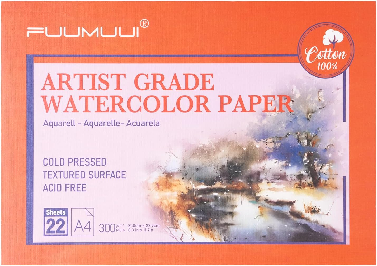 Watercolour Paper Block A4-100% Cotton Paper Pad, 22 Sheets, Cold Pressed, Acid-Free, 140 Lb/300Gsm | Art Paper for Painting, Drawing, Art Journaling, Professional Artist Quality, Natural White image number 2