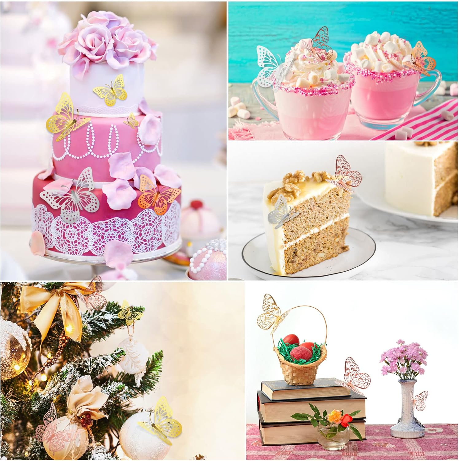Butterfly Cake Decorations 36 Pcs Glitter 3D Butterflies Cupcake Toppers Rose Gold Hollow Cake Topper for Birthday Wedding Party Sticker Decoration image number 1