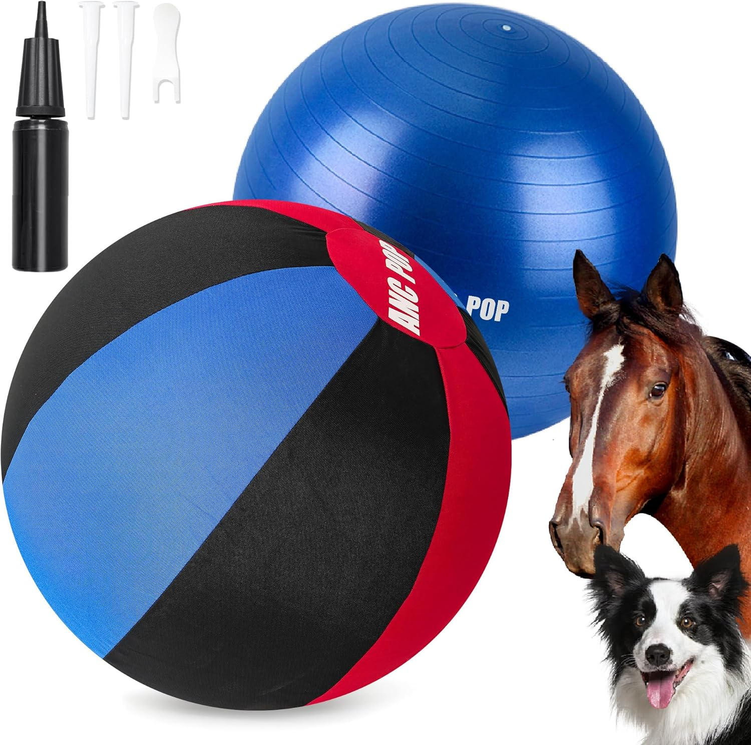 ANC POP Herding Ball for Dogs Horse Ball & Ball Cover 25" Ball for Horses Large with Hand Pump for Play Herding Ball Herding Ball Horse Toys for Horses Stall, Red and Blue and Black image number 5