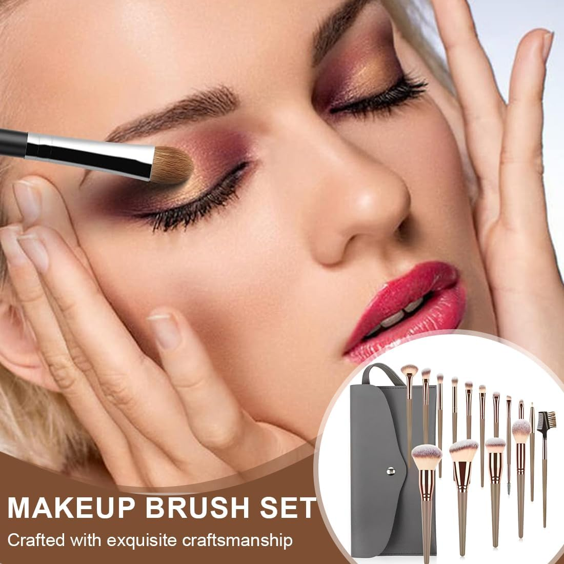 Makeup Brush, 15 Sets Professional Makeup Brush and PU Leather Pants Champagne and Gold Suit with Eye Makeup Brush Gift image number 4