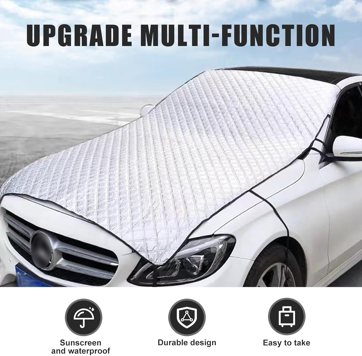 1 PC Car Half Car Cover Sunshade, Windshield Hood All-Season Protection Waterproof Dustproof Frostproof Portable Car Cloth, Outdoor Indoor Foldable Protective Cover, Universal for Cars (Silver) - Silver 03 image number 5