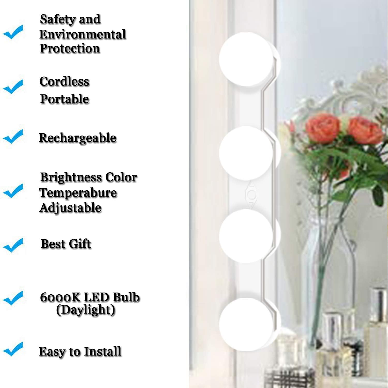 Portable LED Vanity Mirror Lights, 2000Mah Rechargeable Makeup Mirror Lights with 4 LED Bulbs,Simulated Daylight for Bathroom Makeup Dressing Table Lights,Kitchen Lights,Wardrobe Lights image number 2