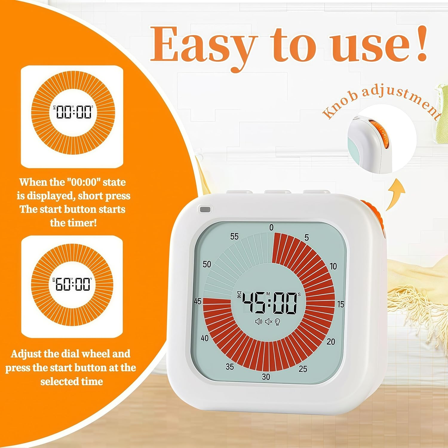 Visual Timer for Kids, 60-Minute Countdown Timer with LCD Display, Pomodoro Timer for Kitchen,Working,Classroom, Timer with Silent Mode for Autism/Adhd (White) image number 2