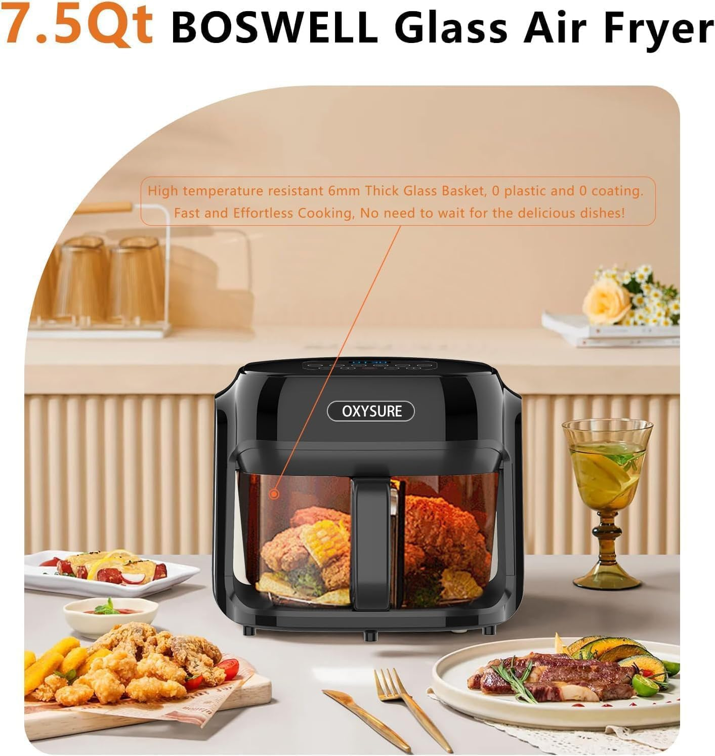 Glass Air Fryer, 7.5QT Glass, 360&deg; Even Heating & Dishwasher, Oil-Less Cooking Appliance for Small Kitchens & Family Meals image number 3