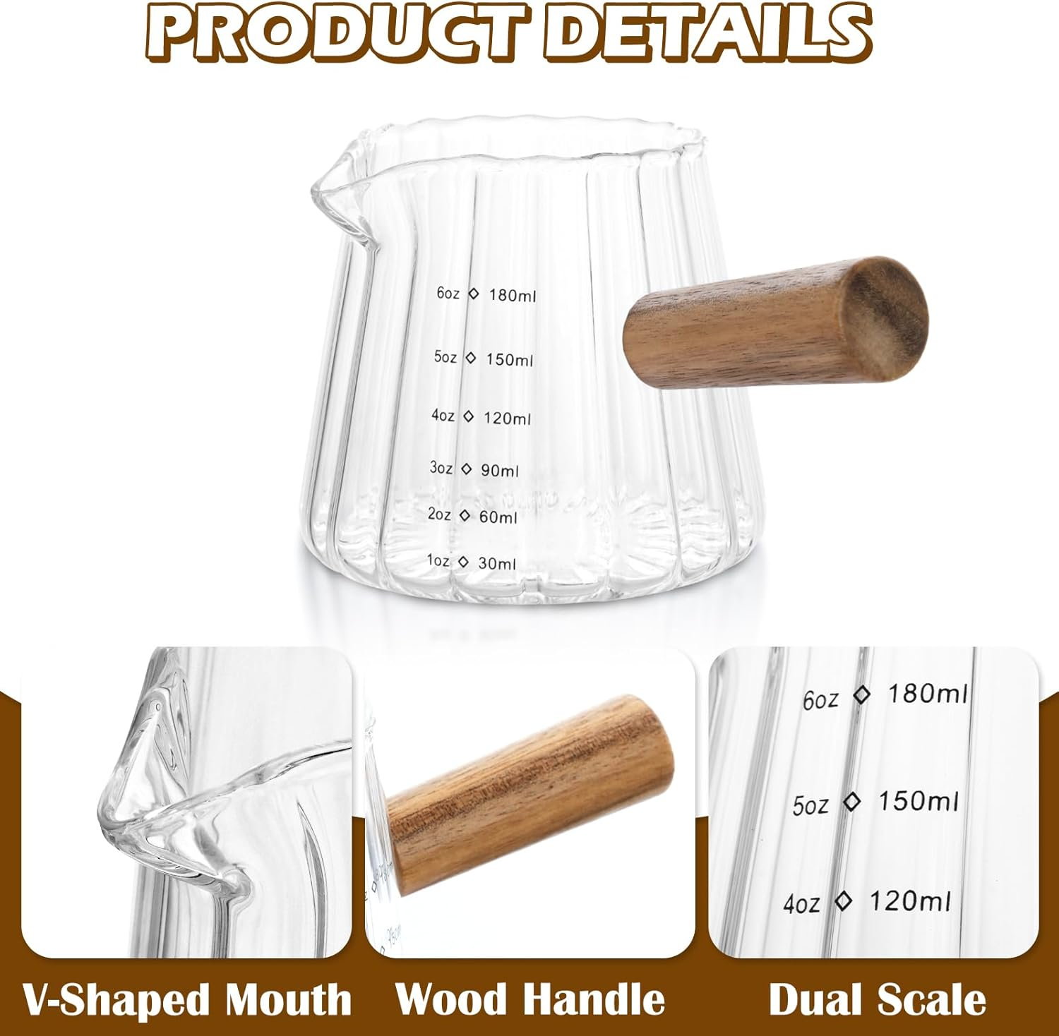 2 PCS Espresso Shot Glass with Coffee Measuring Spoons, Single Spout Glass Measuring Cup, Wood Handle, Dual Scale, Accessories for Coffee Milk (6Oz, 2.5Oz)