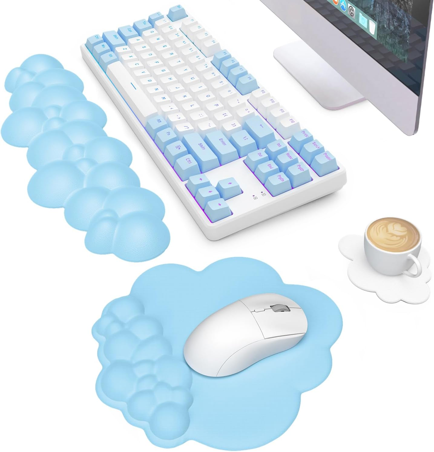 MANBASNAKE Cloud Mouse Pad Wrist Support Keyboard Wrist Rest Set with Ergonomic Memory Foam,Non-Slip Base,Cloud Coasters for Home,Office,Laptop,Desktop Computer,Easy Typing Pain Relief- White