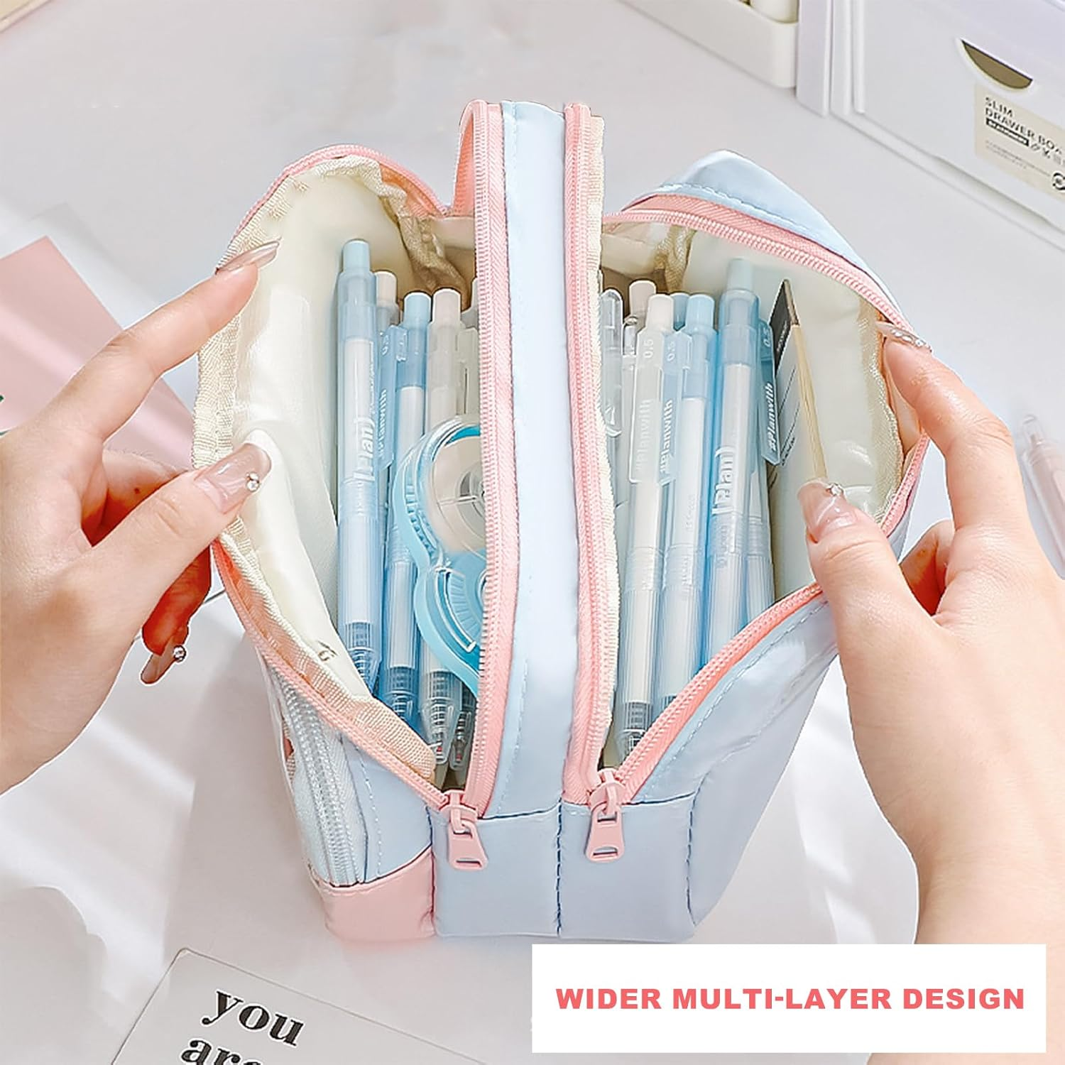 Pencil Case Large Capacity Aesthetic Pencil Case with 4 Compartments Zip Smoothy Pencil Case for Middle School College Office Student Girls Gift, Blue and Pink, Pencil Case image number 2