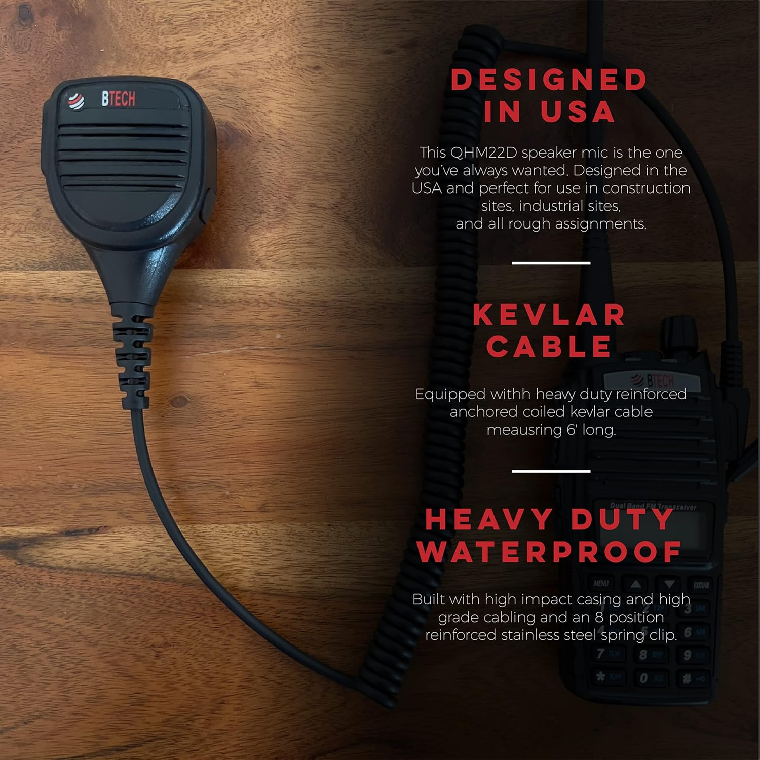 BTECH QHM22D Dual Push-To-Talk (PTT) Speaker Mic, Platinum Series IP54 Rainproof Shoulder Mic for Baofeng, BTECH, Kenwood Radios image number 3