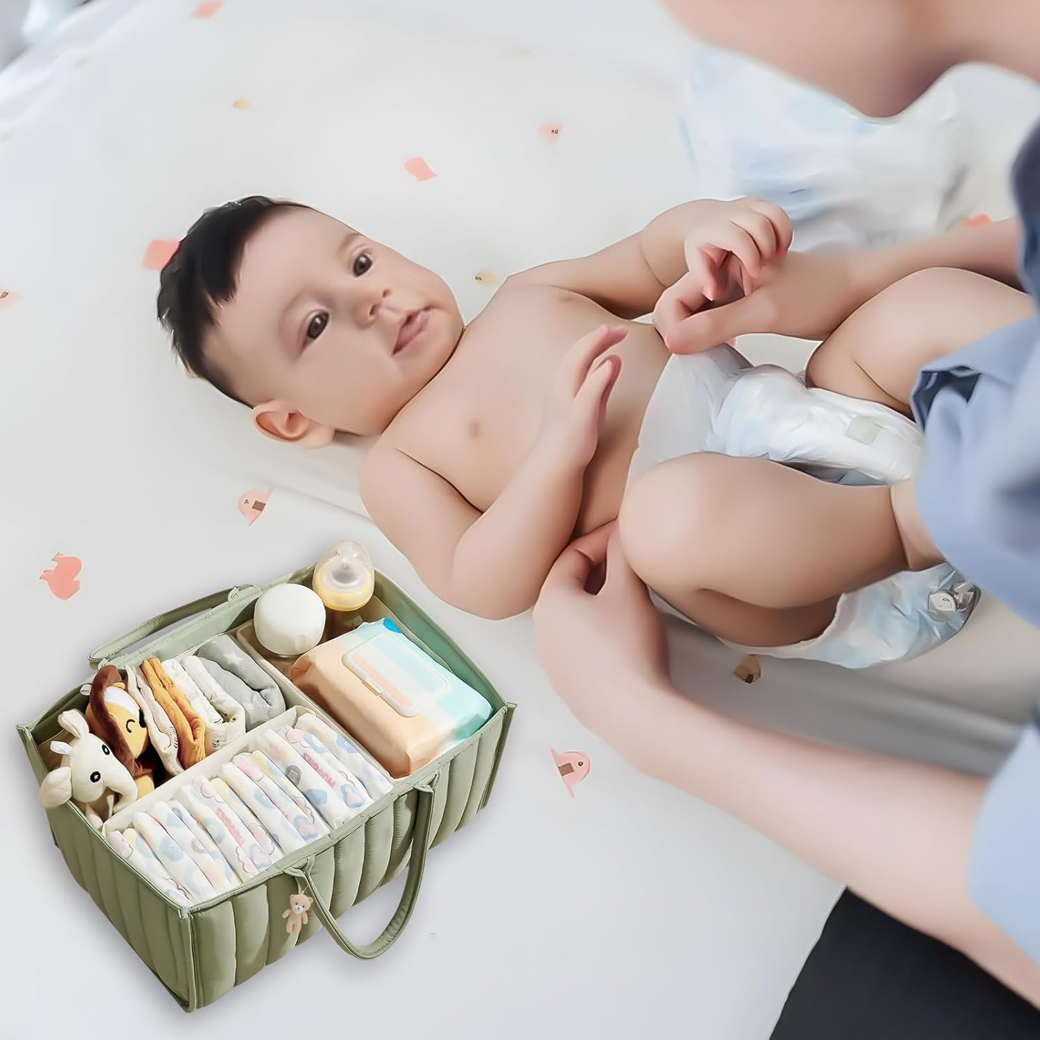 Nappy Caddy Organiser Stylish Diaper Caddy Storage Basket Perfect for Baby Shower,Car Caddy Organizer,Nursery Diaper Organizer,Portable Diaper Storage Bag (Green) image number 6