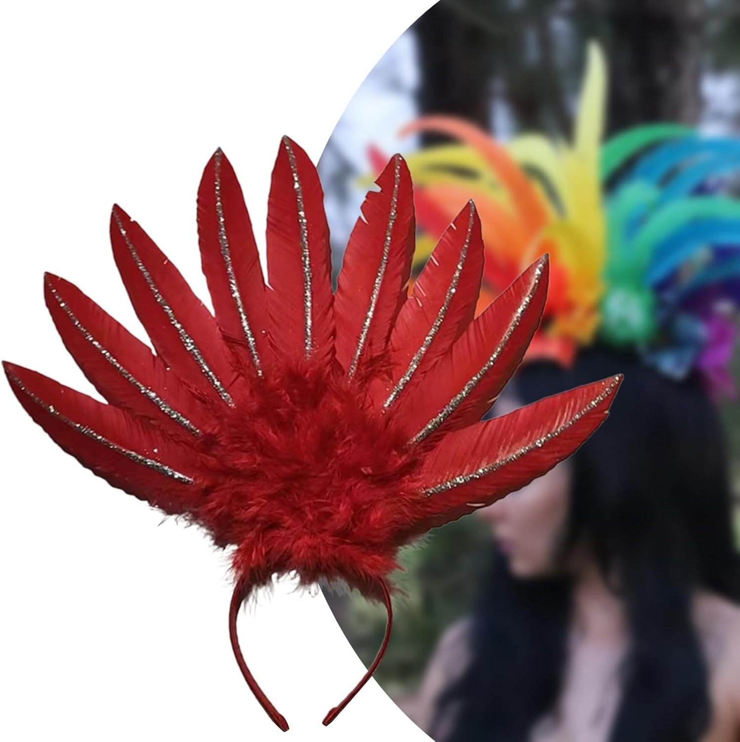UGPLM Feather Headdress Headwear Costume Fascinator Headband Cosplay Hair Bands Headpiece for Halloween Dance Performance Festival, Red - Rose Red image number 6