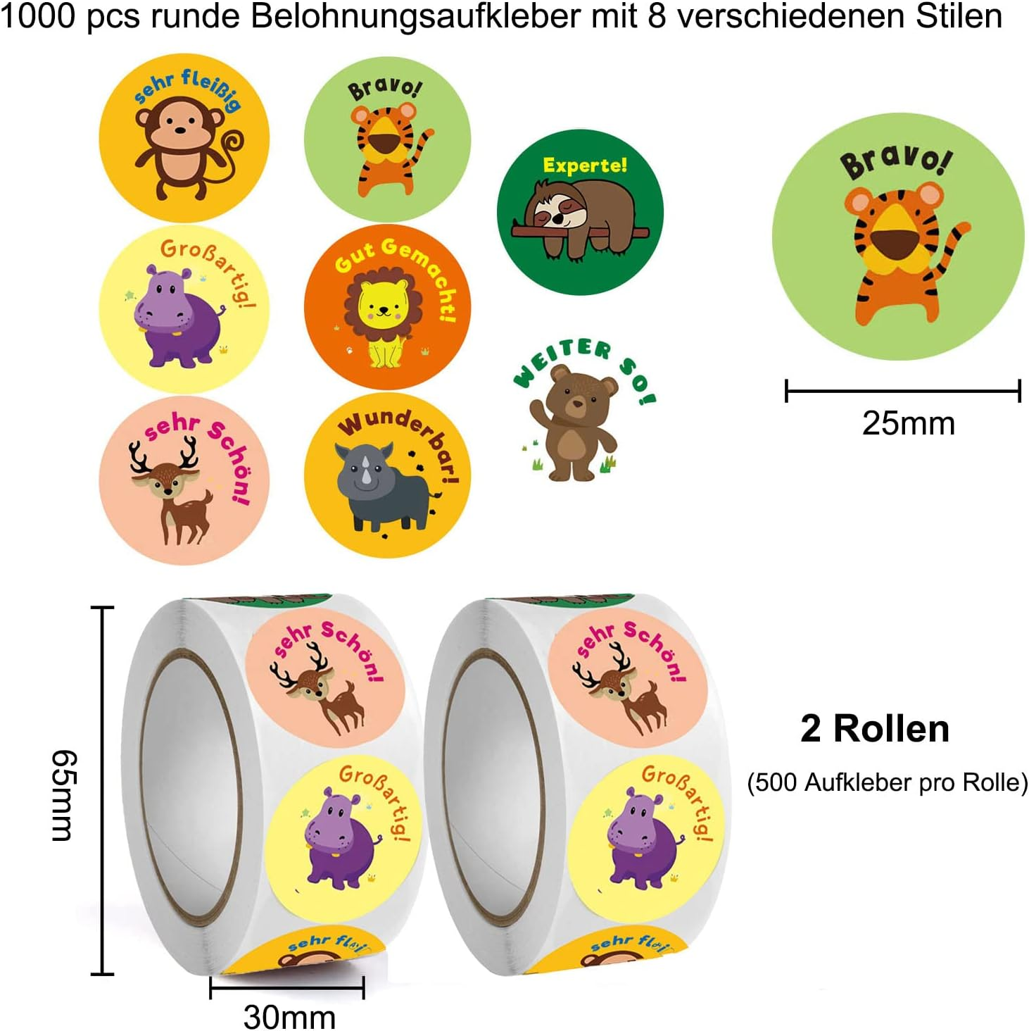 Motivational Stickers for Children, Pack of 1000 Self-Adhesive Animal Reward Stickers, Teacher Reward Stickers with Cute Animals, Praise Praise Stickers for School, Classroom, Rounds image number 1