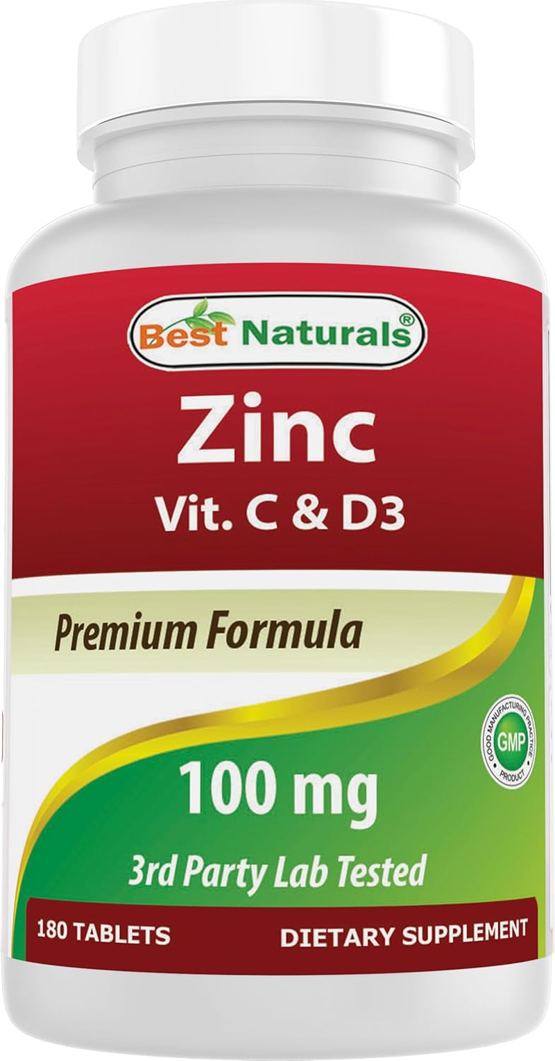 Best Naturals Zinc 100 Mg with Vitamin C & D3 180 Tablets Gluten Free and Non-Gmo image number 3