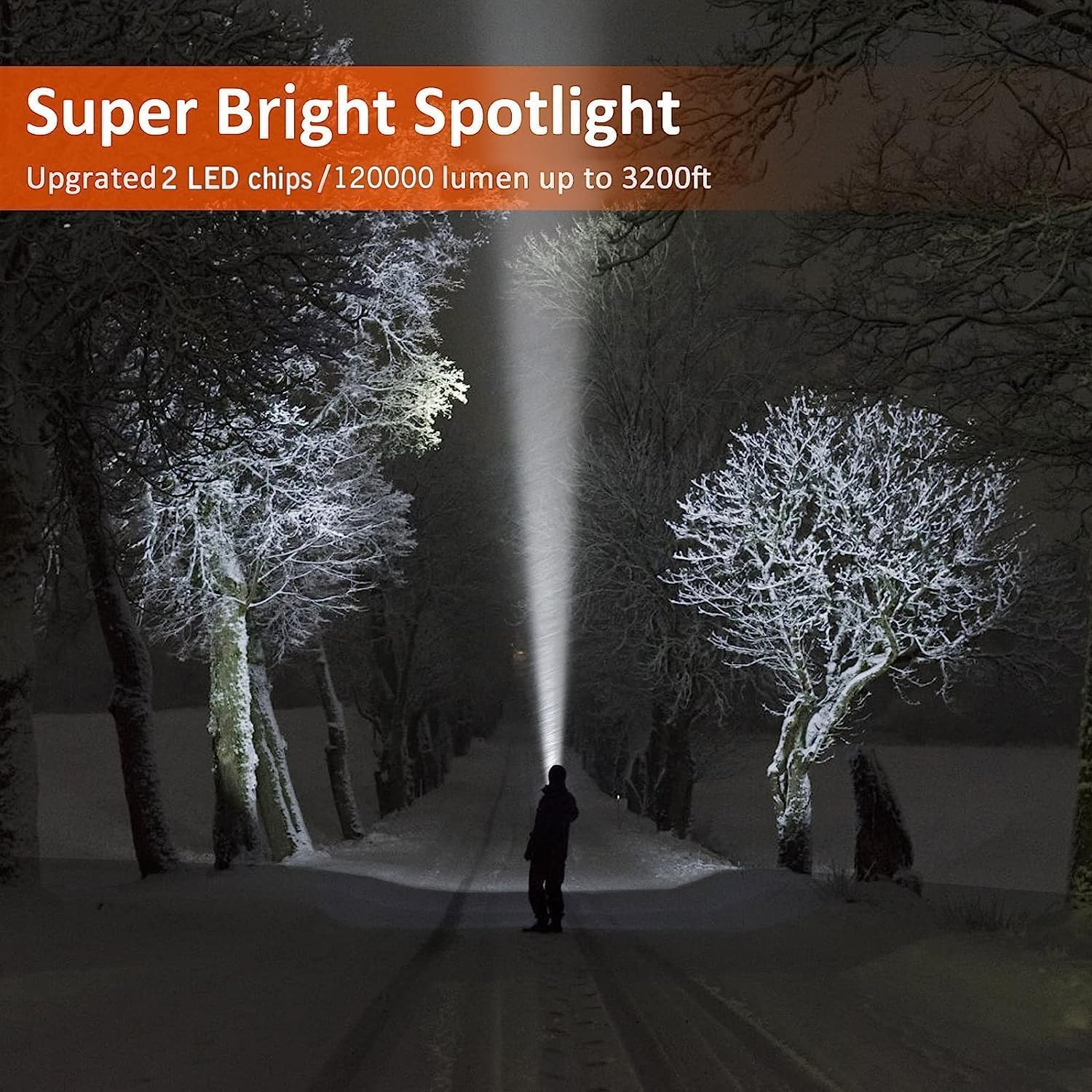 Samyoung Spotlight 120000 Lumen Super Bright, 10000 Mah 30 Hours LED Rechargeable Flashlights, IP65 Waterproof Rechargeable Spotlight Come with Collapsible Tripod & Strip for Hunting Boat Camping image number 5