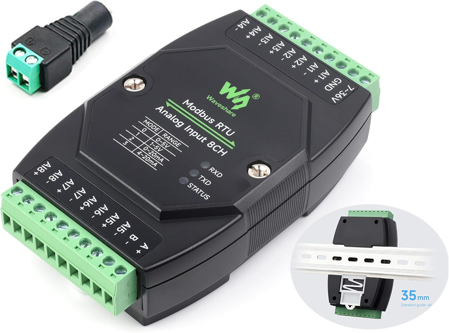 Industrial 8-Ch Analog Acquisition Module, 12-Bit High-Precision, DC 7~36V Wide Voltage Power Supply, Modbus RTU Protocol,8-Ch Current Mode, 0~20Ma image number 3