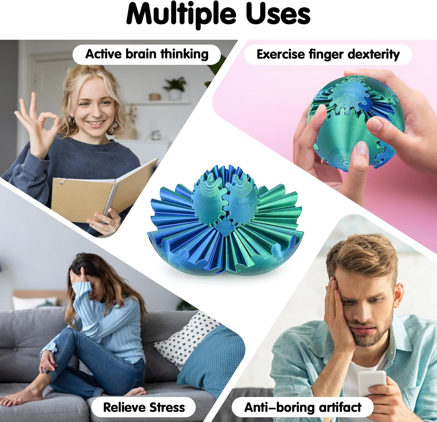 Gear Ball 3D Printed Spin Ball or Cube Fidget Toy,Gear Sphere Fidget Toy,Fidget Ball Gear Toy for Stress and Anxiety Relief, Stress Ball Gearsphere Desk Toy for Adults & Kids(Blue Green,8Cm) image number 4