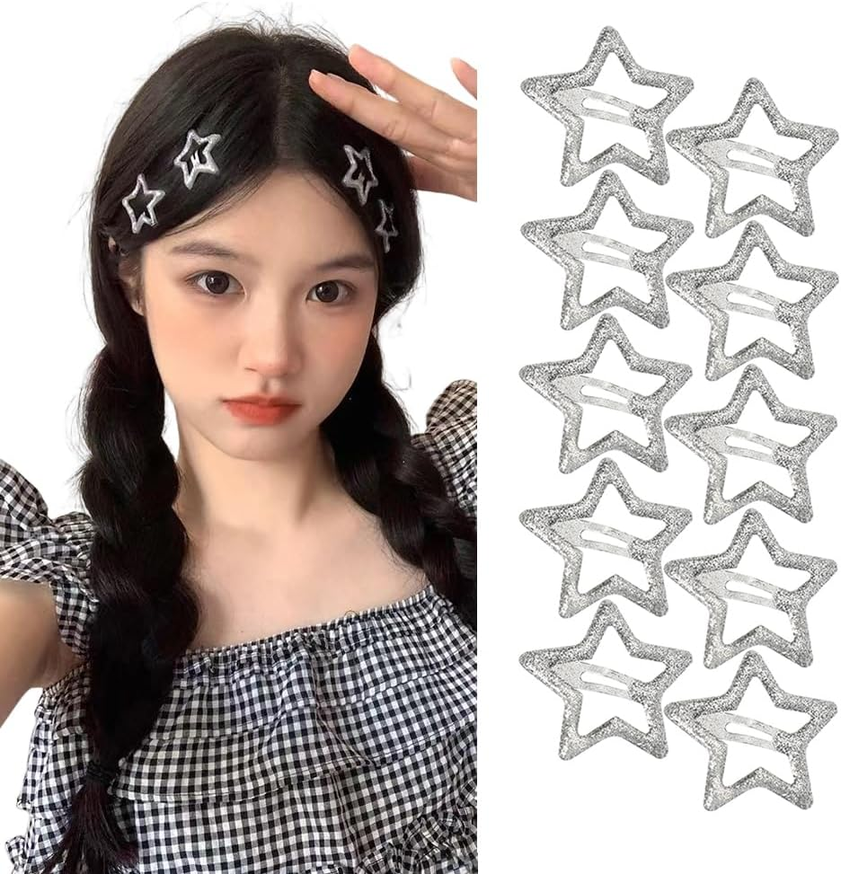 Silver Star Hair Clips Y2K Glitter Star Snap Clip Barrettes Hairpins 10 Pieces Small Metal Hair Clip Headpiece Cyber 2000S E-Girl Hair Accessories for Teen Girl Women