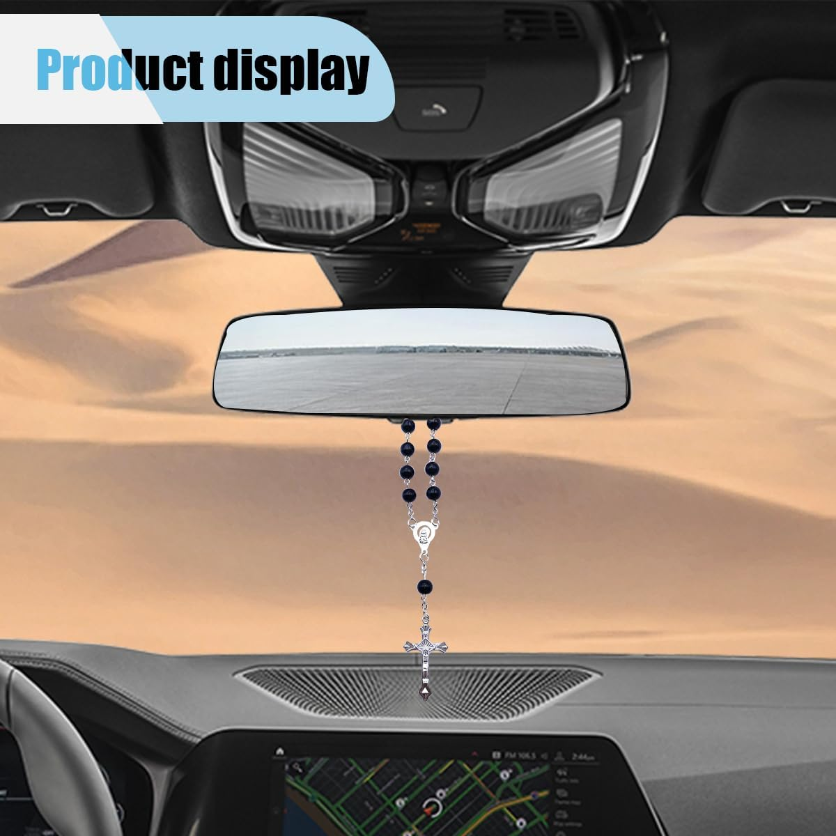 LAINLOY Car Rearview Mirror Decoration, Rosary Car Pendant, Cross Medal Hanging Ornament, Personalized Blessing Bead Decoration, Black image number 1