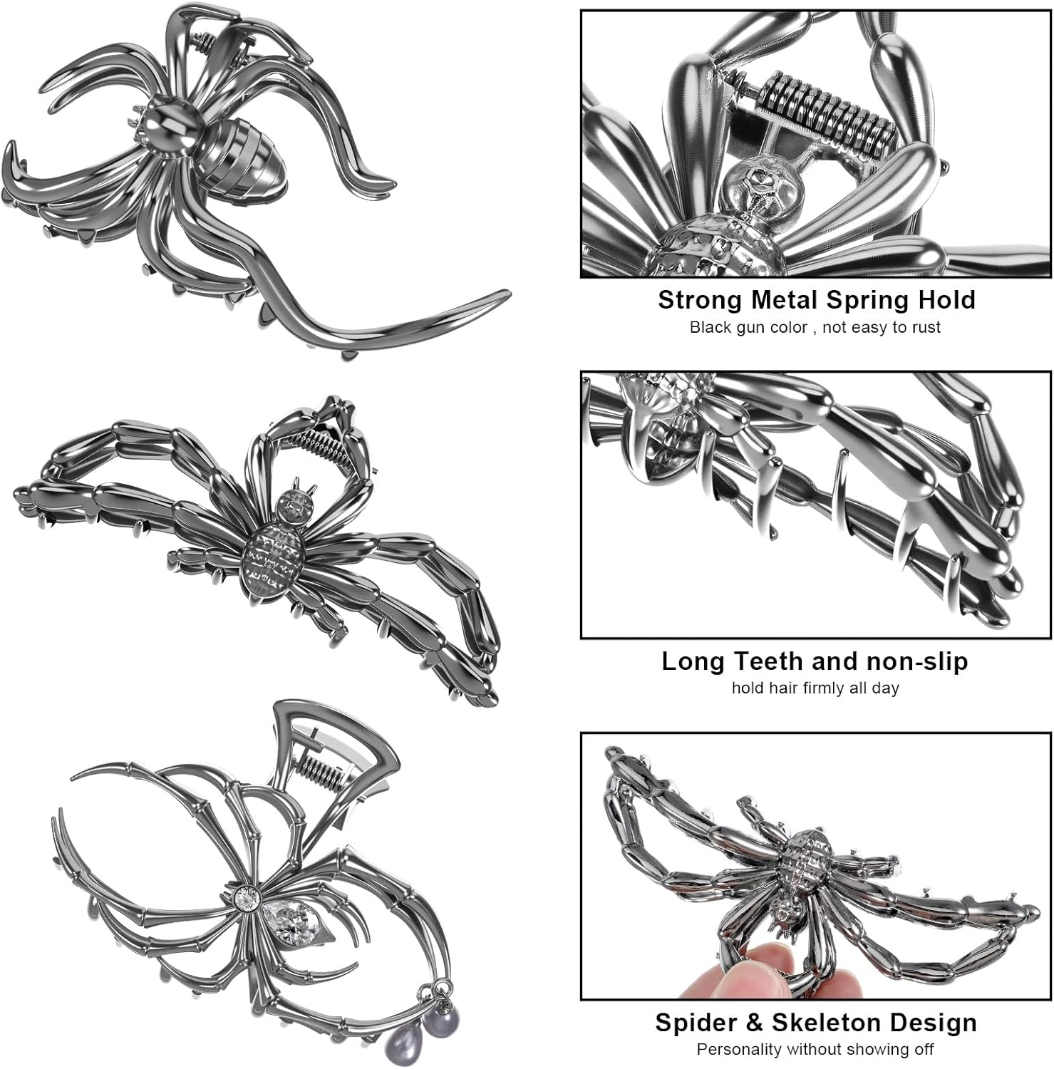 Pack of 3 Halloween Spider Web Hair Clips, Fashion Metal Hair Clip, Non-Slip Claw Clip, Gothic Spider Hair Clips, Durable Alloy for Halloween, Costume Party, Cosplay (Black) image number 2