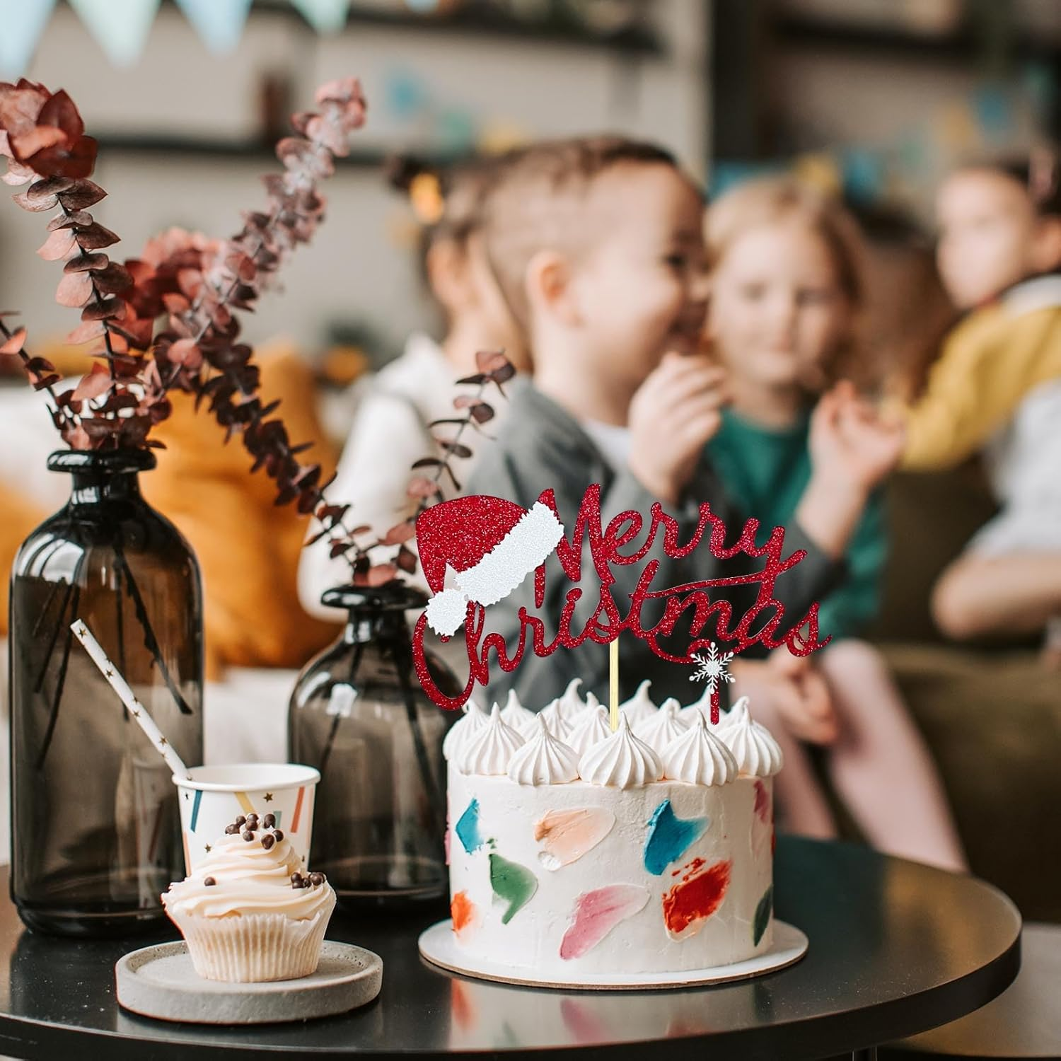 Merry Christmas Cake Topper Red Glitter Christmas Hat Topper Xmas Holiday Cake Picks for Christmas Party Birthday Wedding Decorations image number 2