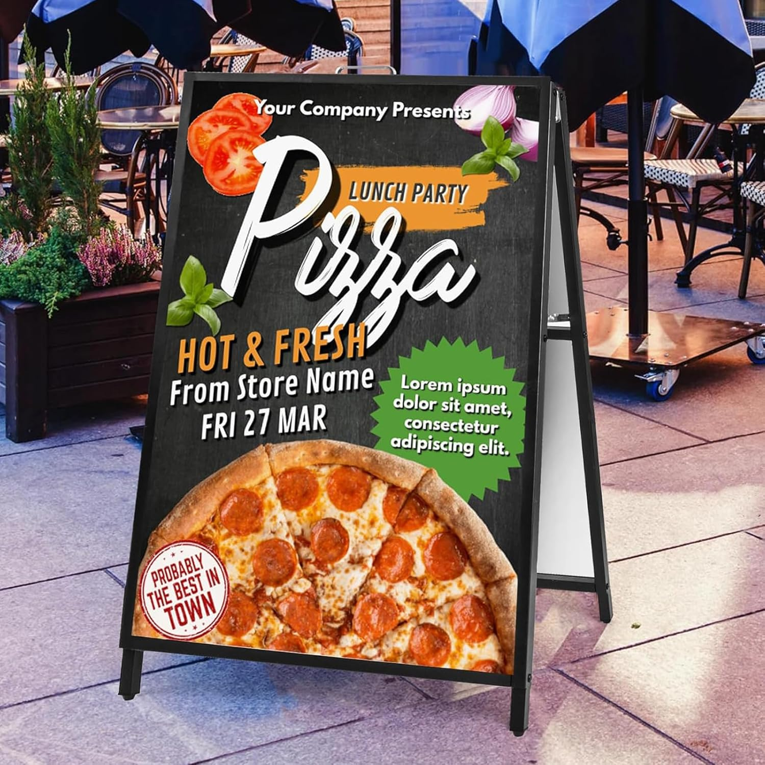 A Frame Sign Double-Sided, Folding Sandwich Board, Heavy Duty Slide-In Sidewalk Signboard, Metal Pavement Sign(Frame Only), Black 60 * 90 * 105Cm image number 3