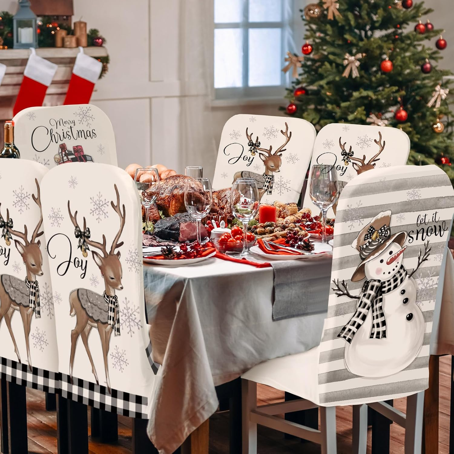 Preboun 6 Pcs Christmas Chair Covers Set Removable Washable Stretch Dining Room Slipcovers Parson Chair Protector for Christmas Home Ceremony Party Decoration, 3 Style(Plaid,White) - Red image number 4