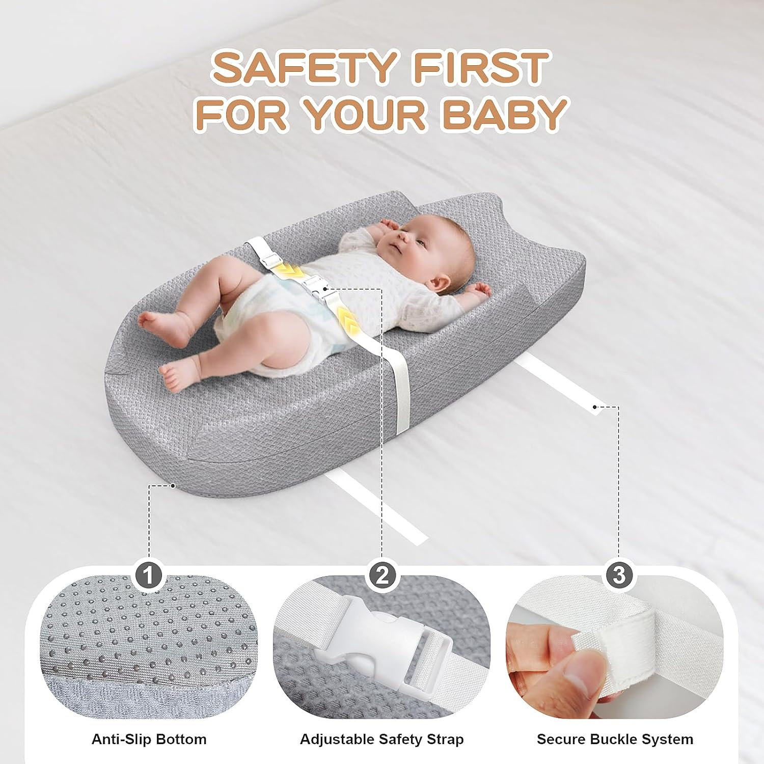 Changing Pad with Waterproof Cover and Removable Towel Liner, U-Shaped Contoured Sides, Safety Strap & Non-Slip Base, Fits Standard Changing Tables image number 3