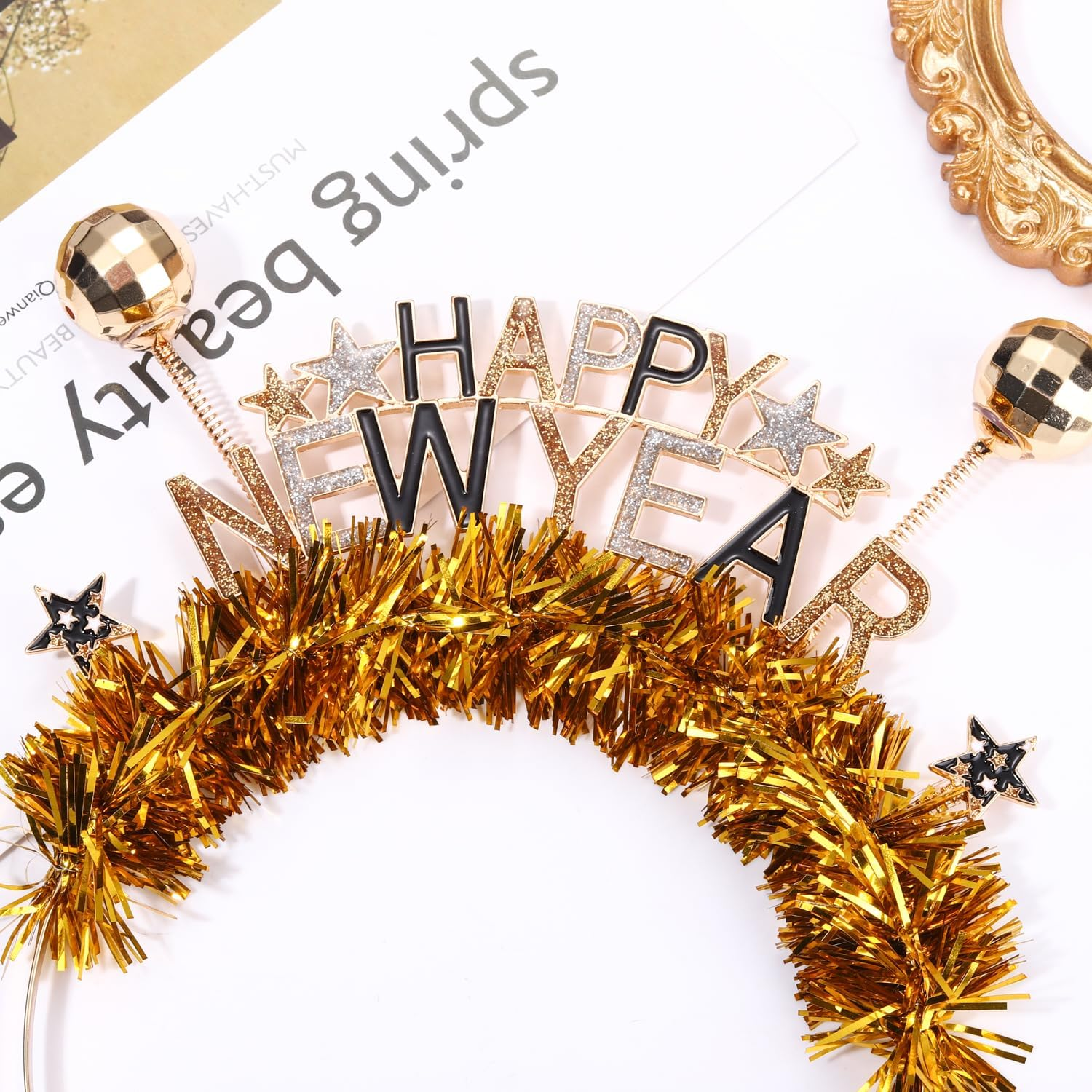 FAERLIIRY Happy New Year Headband 2024 New Years Headband for Women Girls Disco Ball Glitter Headpiece Holiday Headbands Hair Accessories New Year'S Eve Celebration Party Gifts (Happy New Year) - Purple Green Gold image number 4