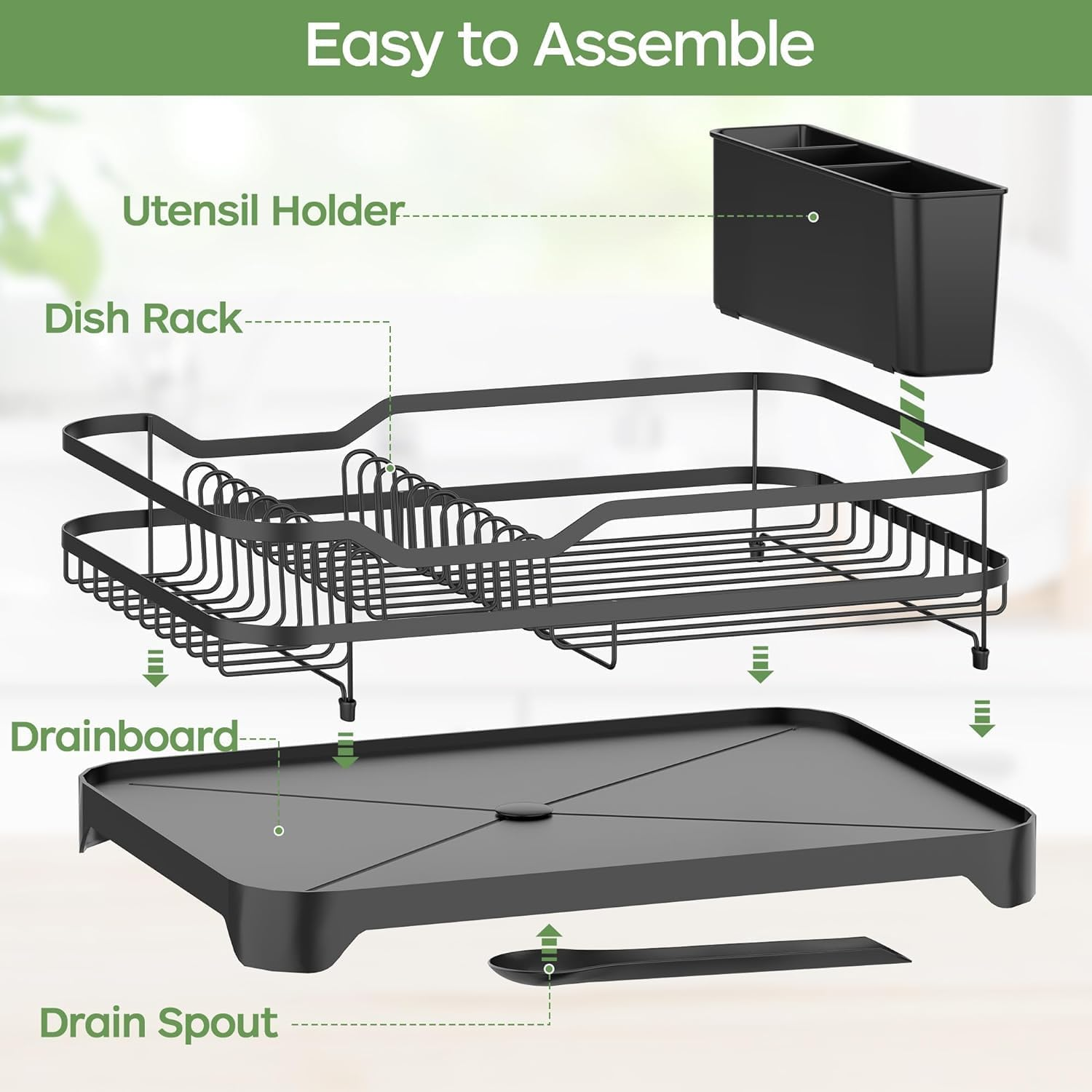 Dish Drying Rack, Stainless Steel Rustproof Dish Rack for Kitchen Counter, Sturdy Dish Drainer with Drainboard, Drainage, Utensil Holder for Various Kitchenware, 16.9"(L) X 12.2"(W), Black image number 5